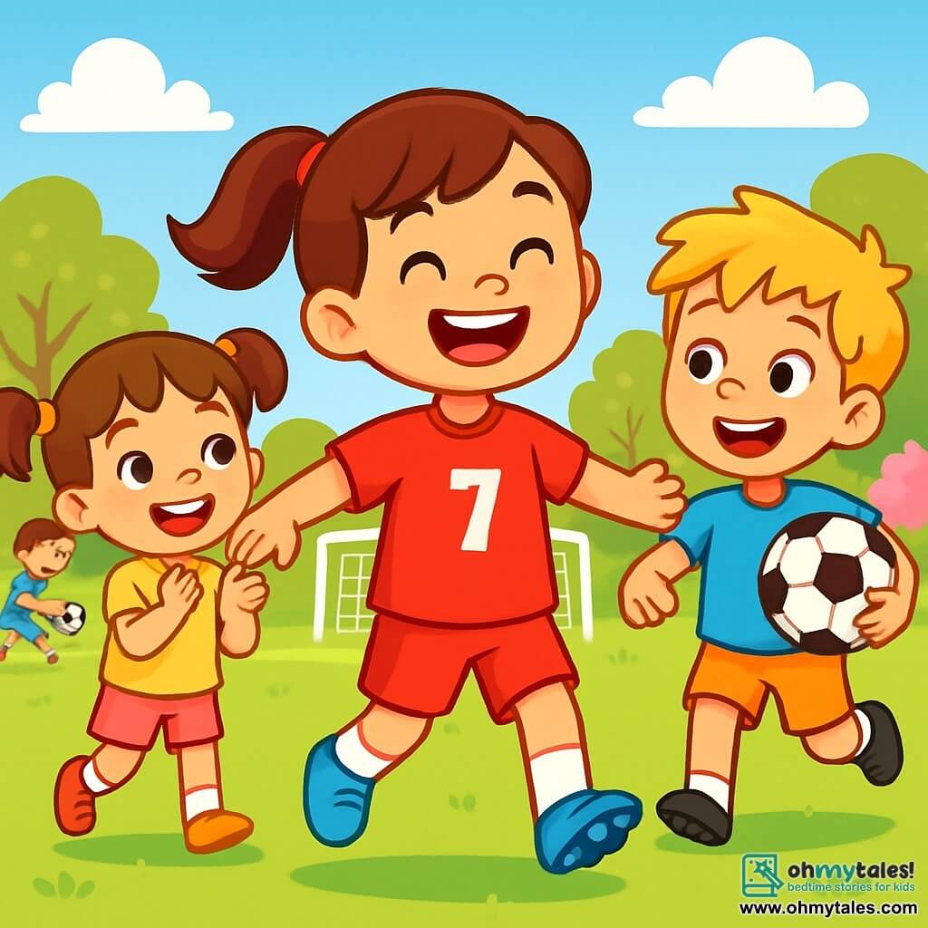 A young girl, Mia, is at the center of the image with brown hair tied in a ponytail. She wears a bright red jersey with the number 7 and shiny blue football shoes. Her face radiates joy and enthusiasm as she smiles widely, arms open, ready to play. To her right, a boy named Max, 8 years old, has messy blonde hair and wears a blue t-shirt. He runs towards Mia with a big smile, holding a football under his arm. To her left, a girl named Zoe, 7 years old, has pigtails and wears pink shorts. She enthusiastically claps, her eyes sparkling with excitement. The setting is a large green football field under a bright blue sky, with flowering trees in the background. Children are playing around, some practicing dribbling, others enjoying passing the ball. The scene shows Mia leading a group of happy children, all ready to learn and have fun together in an atmosphere of camaraderie and happiness.