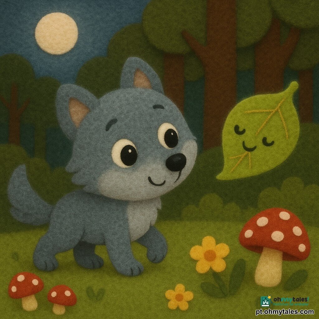 Um lobo fofo e arredondado de pelo cinza-azulado, olhos grandes e brilhantes e sorriso tímido, anda devagar nas pontas das patas como sobre veludo; tem orelhas peludas e arredondadas, pequena narina negra brilhante e cauda longa e espessa baixa, mostrando curiosidade; uma folha brilhante e sorridente flutua perto da cabeça, verde-claro com nervuras douradas, como um amigável sussurrador; o solo é coberto por grama macia de feltro verde, cogumelos vermelhos com pintas brancas e algumas flores amarelas em feltro grosso; ao fundo, uma floresta de troncos marrons texturizados e silhuetas de árvores arredondadas sob um céu noturno suave com lua redonda e pálida; a cena mostra o lobo inclinando a cabeça, atento e sereno, ouvindo a folha sussurrar um segredo, com atmosfera calma e mágica.