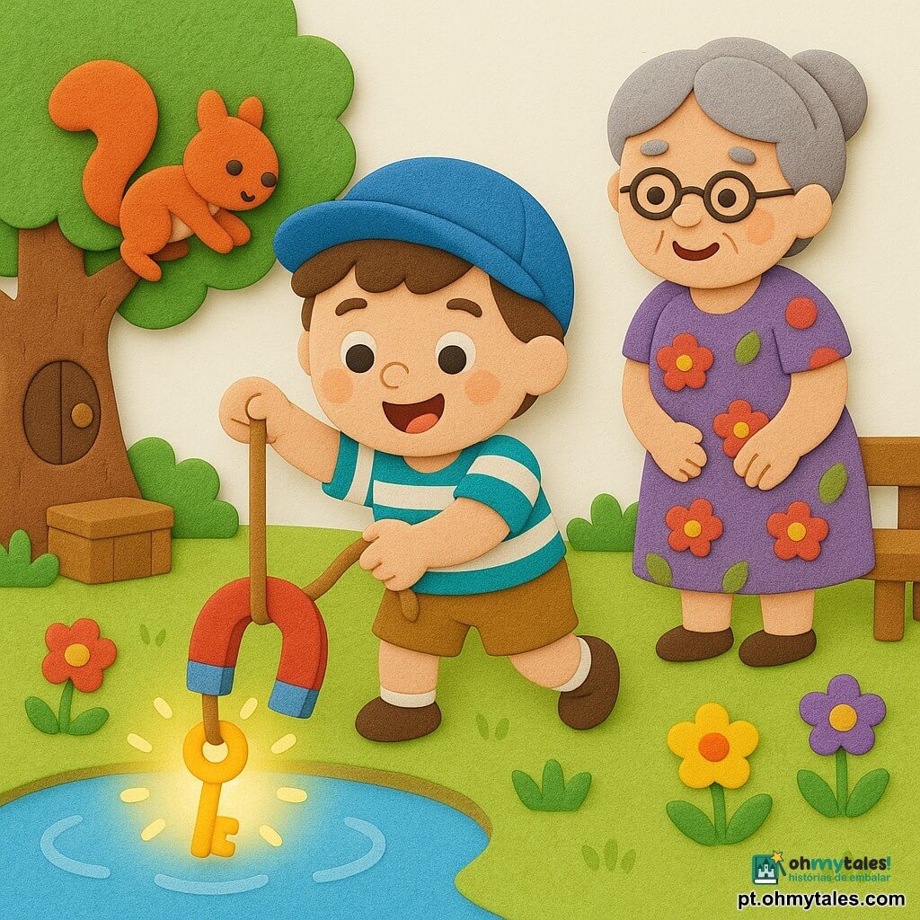 Menino de 4 anos, rosto redondo e bochechas rosadas, olhos brilhantes e sorriso entusiasmado, usa chapéu azul, camiseta listrada e bermuda cáqui, puxa uma chave dourada de um pequeno lago com uma corda e um ímã vermelho; avó de cerca de 65 anos, cabelos grisalhos presos em coque trançado, vestido florido, sorri com ternura e está de pé junto a um banco de madeira à direita; um pequeno esquilo ruivo com olhos vivos salta numa galha baixa à esquerda, rabo eriçado, olhando para o menino; jardim ensolarado com relva macia, flores coloridas (vermelhas, amarelas, violetas), lago calmo com reflexos azuis, uma grande árvore oca com porta redonda de madeira e uma caixa de madeira visível; cena principal de descoberta alegre, a chave dourada brilha ao ser atraída pelo ímã, com brilhos suaves, ambiente acolhedor e lúdico, texturas espessas e cores vivas estilo adesivos de EVA.