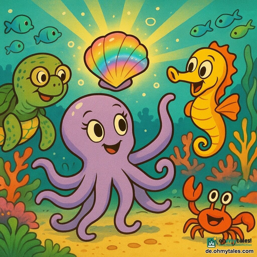 Eine kleine weibliche Oktopus namens Oda mit rundem Gesicht, großen ausdrucksvollen Augen und leicht gewellten lilafarbenen Tentakeln hält lächelnd eine glänzende, regenbogenfarbene Muschel; rechts wirbelt der verspielte gelb-orange Seepferdchen Lenny und zeigt mit seiner Flosse auf die Muschel; links hinten sitzt die alte grüne Schildkröte Tilda mit rauer Panzerstruktur, korallenartigen Mustern und runden Brillen beobachtend; vorn am Sand ein fröhlicher roter Krabbe mit erhobenen Scheren; mehrere blaue und grüne Leuchtfische bilden einen sanften Lichtring; Schauplatz ist ein bunter Korallenriff mit langen Seegräsern, Muschelpalmen, Schwärmen kunterbunter Fische, goldenen Sonnenstrahlen durch türkisfarbenes Wasser und funkelndem Sand; Szene: Entdeckung eines Unterwasserschatzes, helle, gesättigte Pastellfarben, glatte, weiche Texturen, zentrierte Komposition auf der glänzenden Muschel, Illustration mit fließenden Linien, runden Formen und klarem Drucklayout für Kinderachsen.