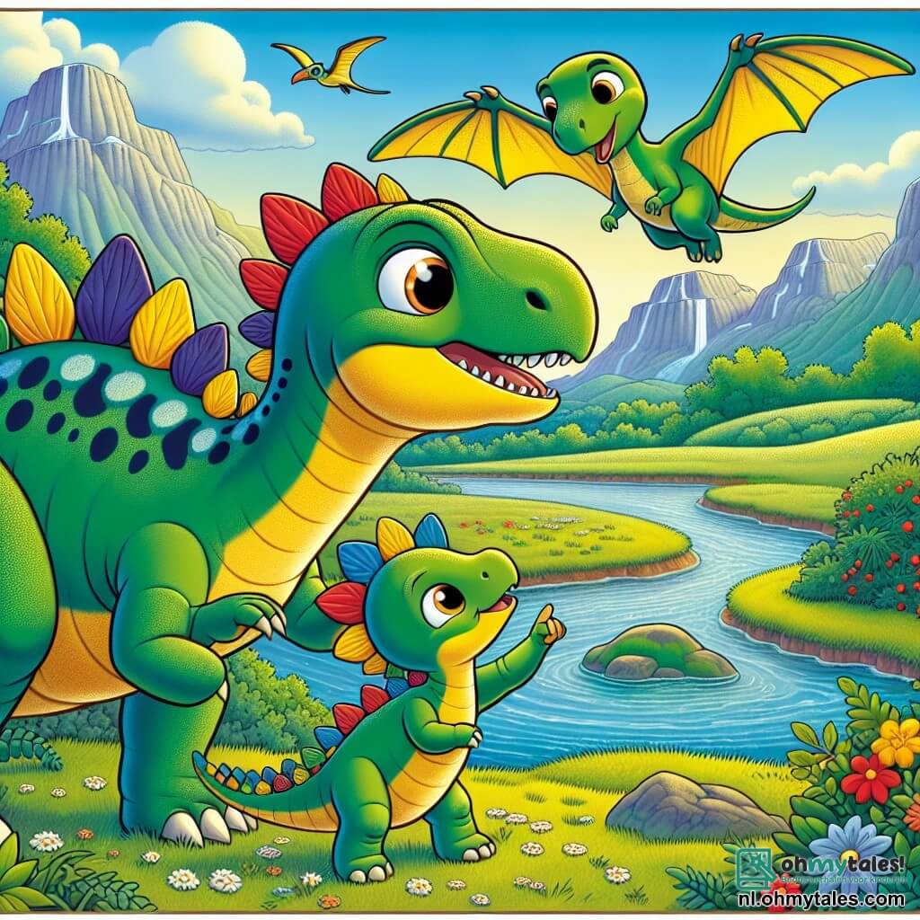 Een stegosaurus genaamd Steggy, met een groene huid en gekleurde rugplaten, toont moed en vastberadenheid terwijl hij naar de lucht kijkt, klaar om zijn familie te beschermen. Naast hem wijst zijn kleine broertje Timmy, een jonge stegosaurus met sprankelende ogen en een gele huid, met zijn poot naar een grote pterosaurus die boven hen vliegt. Op de achtergrond staat hun zorgzame moederstegosaurus dicht bij de rivier, met bezorgde maar trotse ogen. Het decor is een uitgestrekte groene vallei met majestueuze bergen op de achtergrond, kleurrijke bloemen en een glinsterende rivier die door het landschap slingert. De belangrijkste situatie toont Steggy en zijn familie, verzameld en verenigd, terwijl ze de naderende pterosaurus observeren die hen komt beschermen, wat een sfeer van veiligheid en vriendschap creëert.