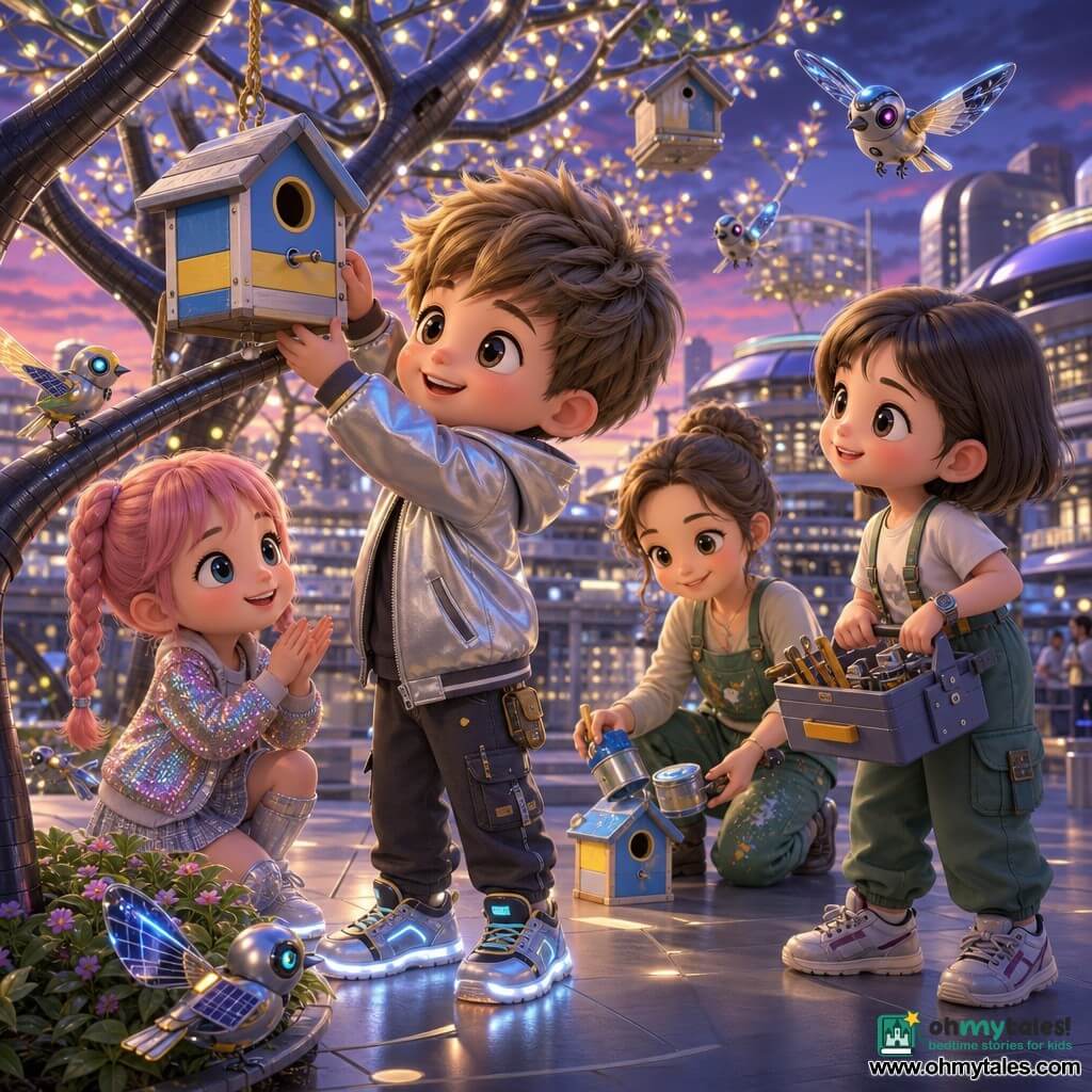 A happy, focused 10-year-old boy with a round face, bright eyes and messy light-brown hair in a silver hoodie and glowing sneakers fixes a small metal birdhouse painted blue, yellow and silver to a low branch; to his left a curious ~9-year-old girl with pink braided hair and a sequin jacket leans forward clapping softly, to his right a smiling ~11-year-old girl with short brown hair in green cargo pants holds a toolbox ready to help, and behind them a kind ~35-year-old gardener with tied-back hair and paint-stained overalls crouches pouring waterproofing paint on another birdhouse; several small colorful mechanical birds with solar wings and LED eyes flutter and perch around them on a suspended urban plaza at dusk with smooth paving, luminous digital trees, futuristic stalls and rounded benches, creating a warm, lively scene of children installing a birdhouse to attract mechanical birds with soft lights and metallic reflections.