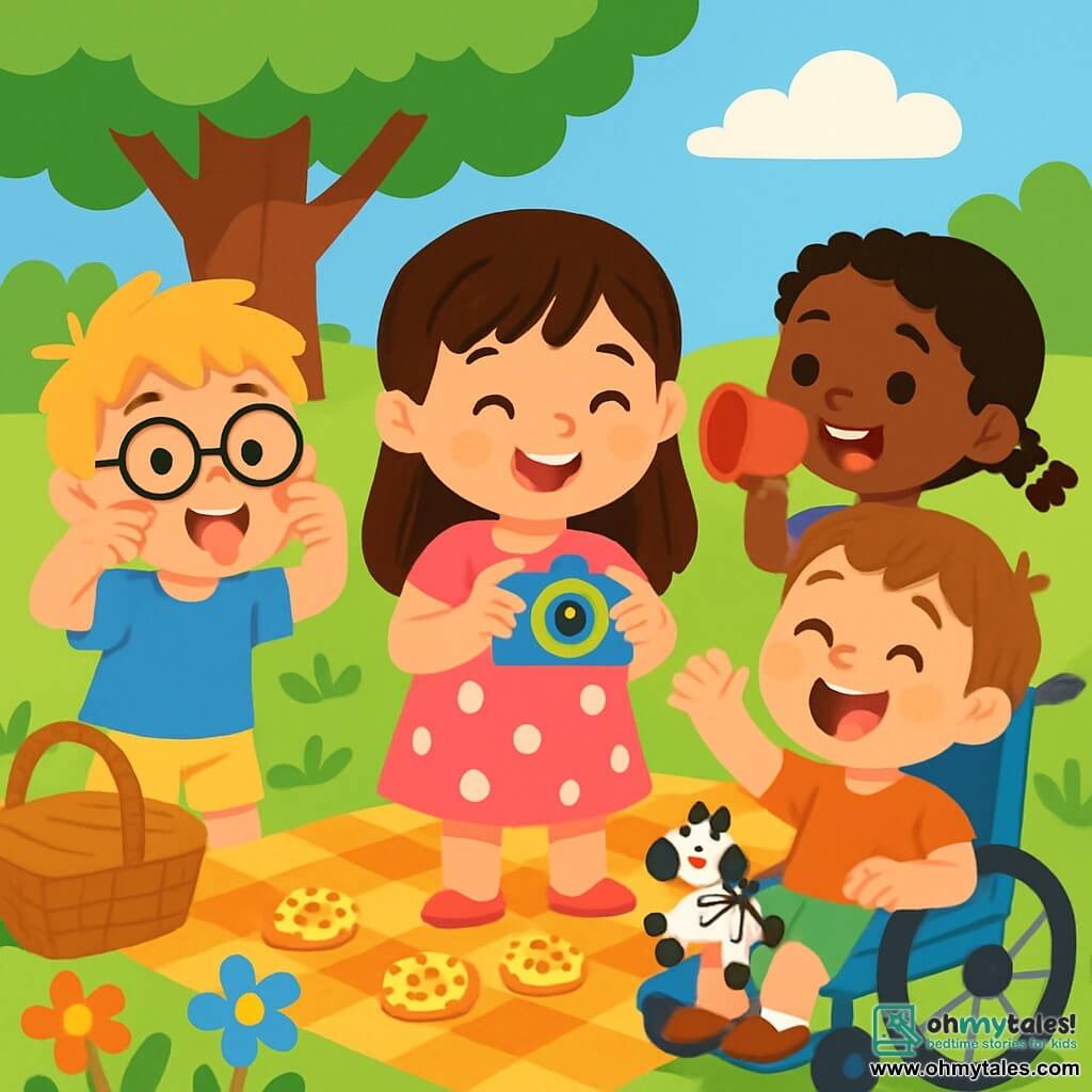 There are 4 children: Mia, a 4-year-old girl with long brown hair and sparkling eyes, wearing a pink polka dot dress and holding a small plastic camera, is in the center, smiling and ready to take a photo. Leo, a 4-year-old boy with messy blonde hair and round glasses, wearing a blue t-shirt and yellow shorts, stands to the left of Mia, making a funny face. Noor, a 4-year-old girl with braided black hair and bright eyes, wearing a green skirt and a purple t-shirt, is to the right of Mia, holding a red plastic cup like a megaphone. Ben, a 4-year-old boy with brown hair and a big smile, is in a blue wheelchair next to Mia, making a small zebra toy dance near his knee. The setting is a sunny garden filled with colorful flowers and green grass, with a large shady tree in the background and a small wicker basket on a checkered blanket. The main scene shows the four friends gathered on the blanket, laughing and taking a photo together, surrounded by sun-shaped cookies, all cheerful with their faces lit up by the sun, capturing a moment of joy and friendship.