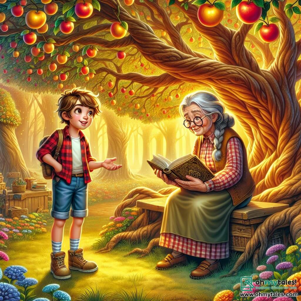 A 12-year-old boy named Leo stands in the center of the scene, with messy brown hair and sparkling eyes full of curiosity. He wears a red plaid shirt and denim shorts, his face expressing a mix of determination and wonder as he gazes at a majestic tree with sprawling branches, covered in shimmering fruits. Next to him, a wise old woman, around 70 years old, with braided gray hair and round glasses, sits on a wooden bench. She smiles gently, holding an ancient book in her hands, as if sharing precious stories with Leo. The setting is an enchanted clearing bathed in golden light, surrounded by thick-trunked trees and vibrant leaves. Colorful flowers carpet the ground, and a gentle breeze makes the petals dance, creating a magical and peaceful atmosphere. The main scene shows Leo asking questions to the tree of wisdom, which seems to respond with softly rustling leaves, while the old woman watches him kindly, ready to offer advice and encouragement.