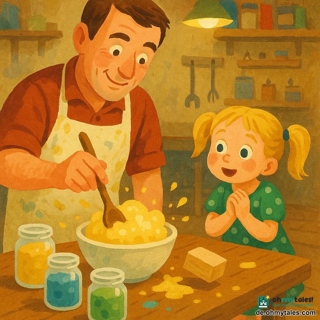 Ein lächelnder Mann um die vierzig mit kurzem braunem Haar trägt eine cremefarbene, farbfleckige Schürze und rührt mit einem Holzlöffel eine gelbe schäumende Masse auf einem Holztisch; sein Gesicht ist sanft und konzentriert, die Augen funkeln, die Haltung aufmerksam. Links am Tisch steht ein etwa sechsjähriges Mädchen mit blonden Zöpfen und grünem Kleid mit weißen Punkten, die Hände gefaltet und mit aufgerissenen Augen vor Staunen nahe beim Mann. Auf dem Tisch: Glasbehälter mit farbigem Schaum (gelb, blau, grün), ein heller Holzklotz im Fallen, ein paar Spritzer und Spuren, grobe Textur. Die kleine, warme Werkstatt wird von gelblichem Lampenlicht beleuchtet; Regale mit Metallwerkzeugen, Heften und Farbdosen, abgenutzter Dielenboden im Hintergrund. Szene: Der Mann testet eine Schaum‑Polsterung, um den fallenden Klotz abzufedern, das Mädchen beobachtet freudig; ruhige, sichere, neugierige Stimmung, Bewegung und leichte Schaumklekse. Stil: Gouache, deckende gesättigte Farben, weiche Linien, leicht zittrige Konturen und sichtbare Pinseltextur, Komposition auf Tisch und ausdrucksvolle Gesichter zentriert.