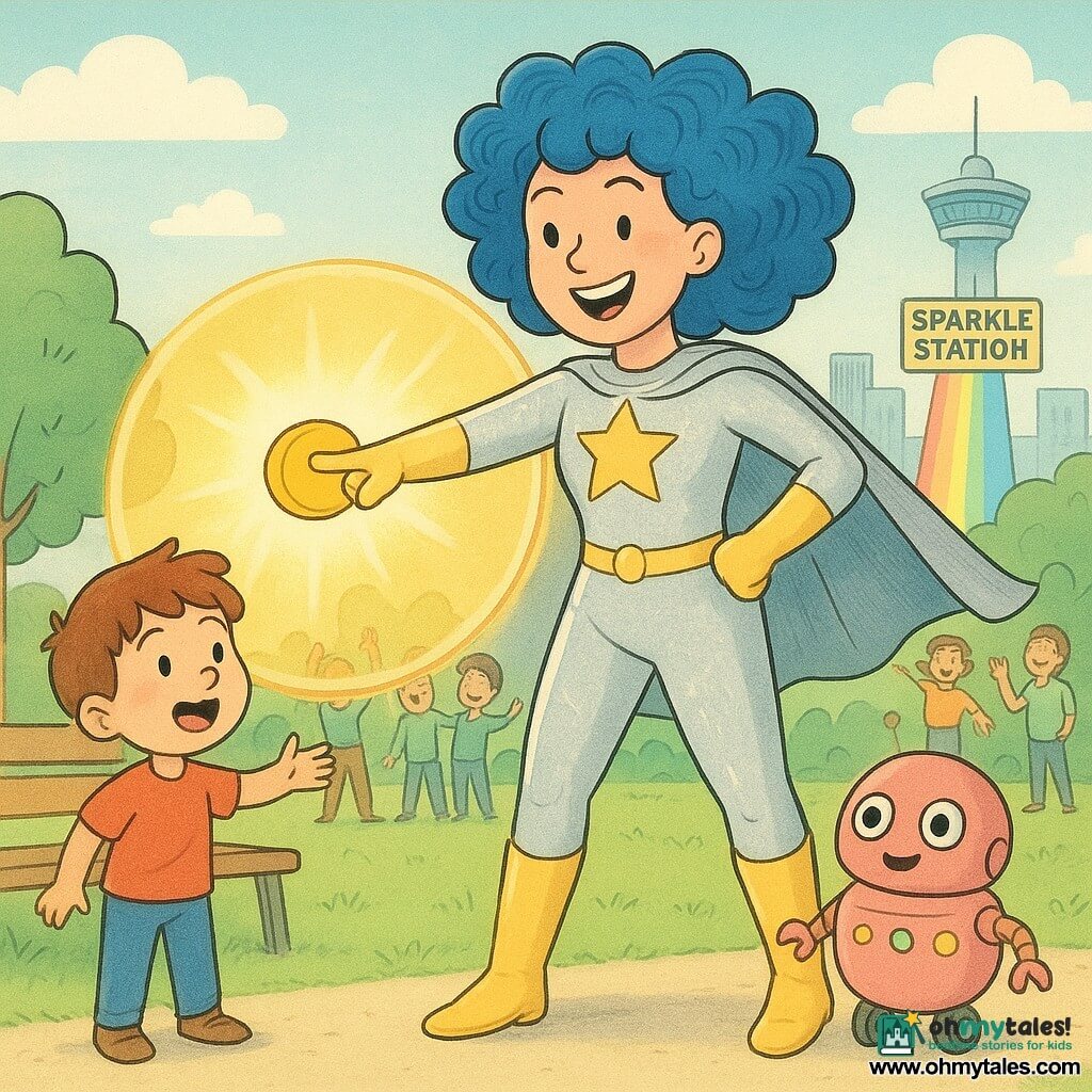 A tall, smiling superheroine with springy bright blue curls wears a shiny silver costume, yellow boots and a large gold star on her chest, striking a heroic pose as she presses a big yellow button; a small round pink robot named Pip with glowing buttons and tiny wheels beeps happily near her right foot; a six-year-old boy with chestnut hair, his hat blown by the wind, stands left by a bench laughing as he reaches for it; the bright city-park setting has green lawn, rounded trees, gleaming buildings and a control tower labeled Sparkle Station emitting a rainbow beam that strengthens a glowing semi‑transparent golden bubble shield while children and adults dance and smile in the background.