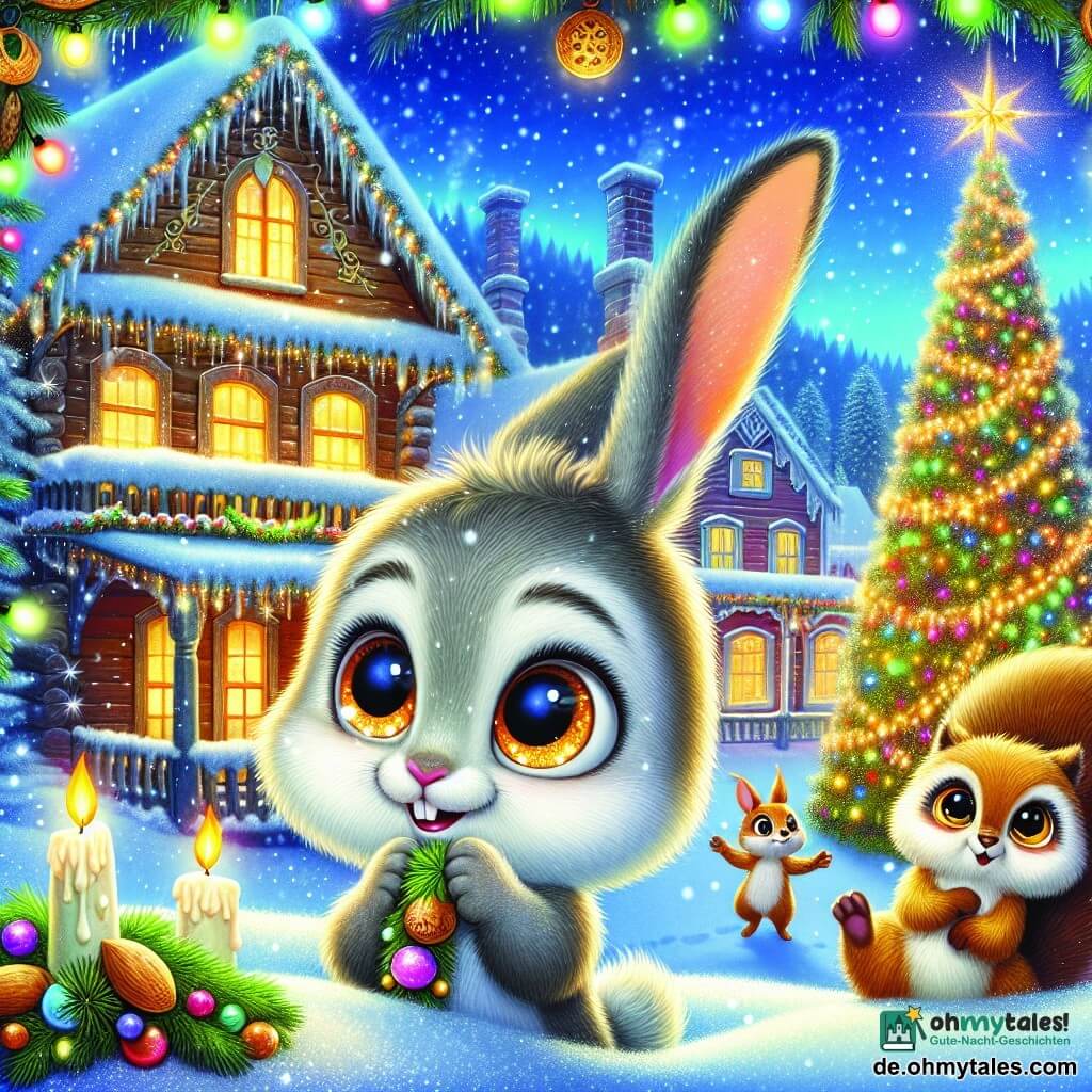 Ein kleiner Hase mit funkelnden Augen und weichem, seidig glänzendem Fell namens Luki steht im Mittelpunkt der Szene, sein Gesicht strahlt vor Aufregung und Entschlossenheit. Um ihn herum fallen sanft glitzernde Schneeflocken. An seiner rechten Seite lächelt ein schelmisches Eichhörnchen, Fips, mit braunem Fell und vollen Nussbacken, während es eine kleine bunte Girlande hält. Links beobachtet eine weise Eule mit goldenen Federn, Ella, aufmerksam, ihre großen runden Augen leuchten vor Intelligenz und Neugier, bereit, Ratschläge zu geben. Die Kulisse ist ein bezauberndes Winterdorf mit Holzhäusern, deren Dächer mit Schnee bedeckt sind, funkelnden Lichtern, die zu leuchten beginnen, und einem großen Weihnachtsbaum, der im Zentrum des Platzes mit funkelnden Kerzen geschmückt ist. Die Szene strahlt eine festliche und warme Atmosphäre aus, während die Tiere sich versammeln, um den Baum zu schmücken, erfüllt von Hoffnung und Freude, bereit, gemeinsam Weihnachten zu feiern.