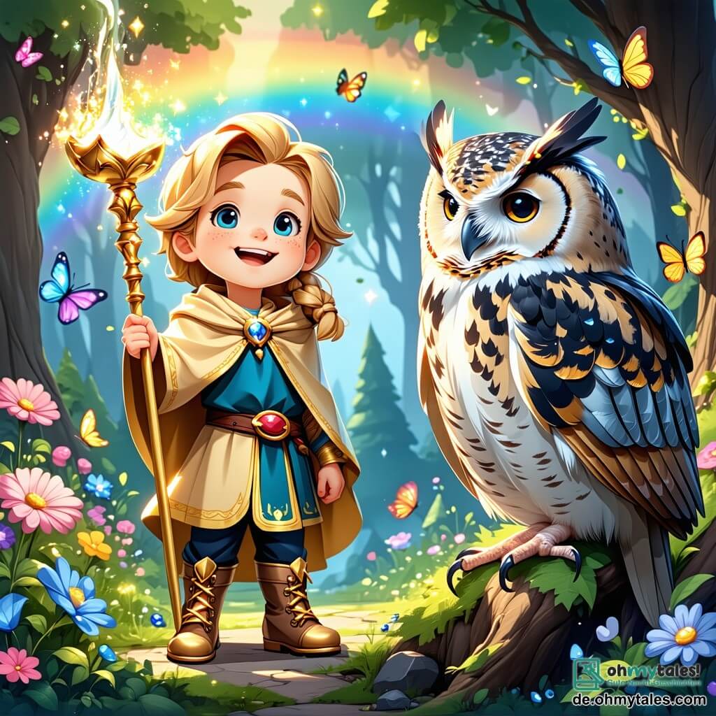 Ein junger Prinz, etwa 8 Jahre alt, mit langen blonden Haaren und neugierigen, funkelnden Augen, trägt eine goldene Tunika und glänzende Stiefel. Er ist fröhlich und lächelnd, hält einen großen goldenen Stock voller glitzerndem Wasser. Neben ihm sitzt eine weise Eule mit silbernen Federn auf einem Ast und beobachtet mit runden, schelmischen Augen, bereit, den Prinzen zu führen. Die Szenerie ist ein verzauberter Garten voller leuchtender Blumen in lebhaften Farben, die wie Sterne in der Sonne strahlen. Bunte Schmetterlinge tanzen um die Blumen, und ein heller Regenbogen spannt sich über ihnen und verleiht der Szene einen magischen Touch. Die Hauptsituation zeigt den Prinzen, der fröhlich zu den durstigen Blumen läuft, bereit, sie mit dem kostbaren Wasser zu gießen, das er im magischen Garten gefunden hat. Die zarten Blütenblätter scheinen sich hoffnungsvoll und dankbar zu ihm zu neigen.