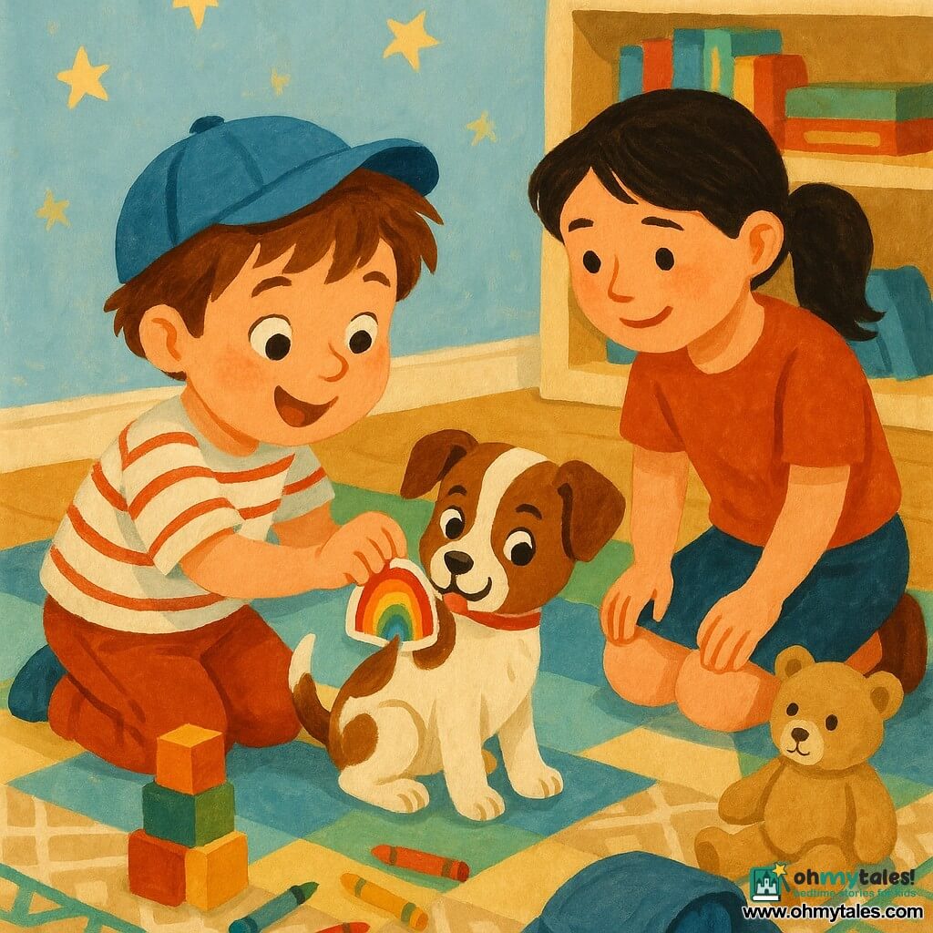 A smiling, wide‑eyed 4‑year‑old boy with tousled brown hair wearing a blue cap and striped t‑shirt kneels on a colorful play rug, reaching to peel a rainbow sticker off the back of a brown-and-white spotted puppy; his about-8-year-old sister with black ponytail and a gentle smile kneels beside him watching with affection, a beige teddy bear near a block tower looks on, and the bright bedroom — pale blue star-painted walls, wooden shelves of books and game boxes, an open blue backpack and scattered crayons on a geometric rug — frames this tender, joyful moment rendered in gouache with visible texture, saturated colors and soft edges.