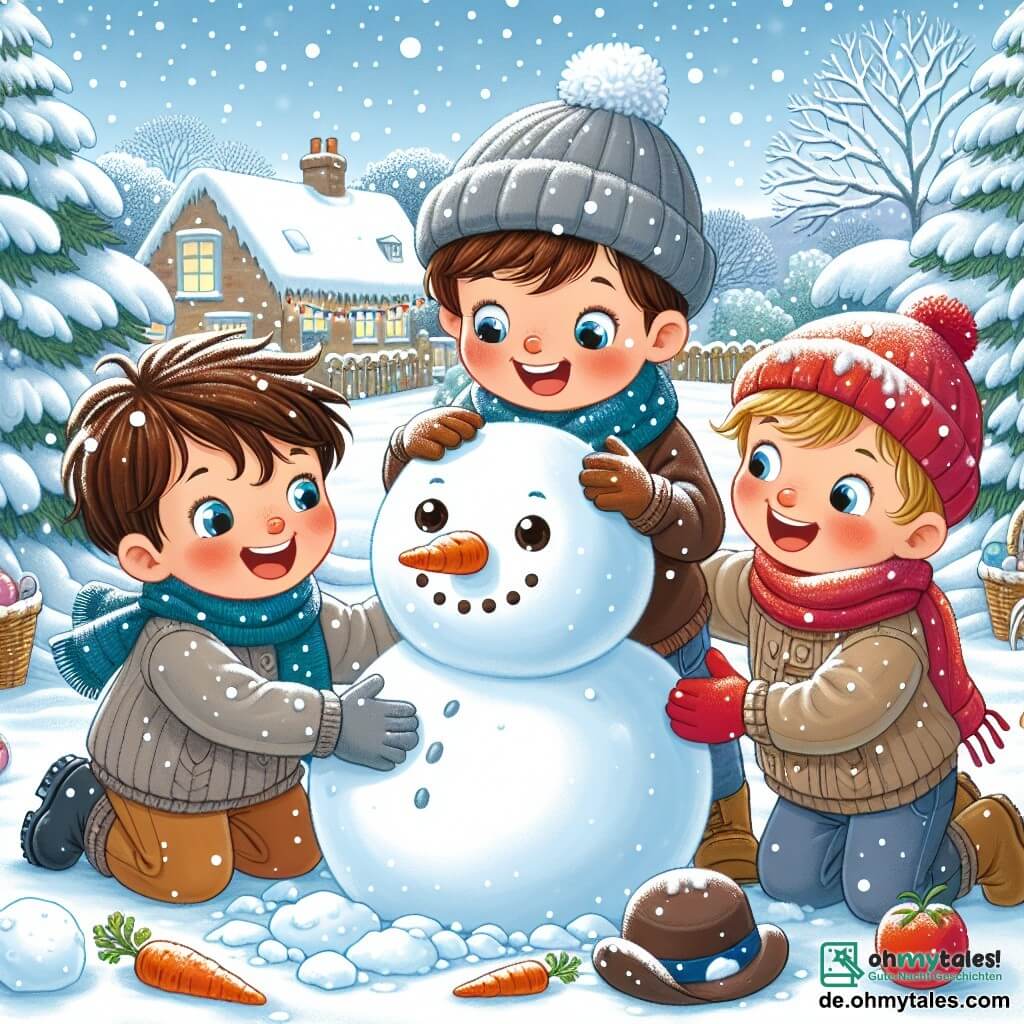 In einem verschneiten Garten haben drei fünfjährige Jungen Spaß daran, einen Schneemann zu bauen. Max, ein kleiner Junge mit braunen Haaren und funkelnden Augen, rollt einen großen Schneeball und lacht vor Freude. Neben ihm hält Leo, ein Junge mit blonden Haaren und roten Wangen, eine Karotte in den Händen, bereit, sie als Nase auf den Schneemann zu setzen. Paul, ein weiterer Junge mit kastanienbraunen Haaren und einer roten Mütze, beugt sich, um einen alten Hut auf den Kopf des Schneemanns zu setzen, mit einem breiten Lächeln im Gesicht. Der Garten ist mit einer dicken Schicht glitzernden Schnees bedeckt, die Bäume haben Äste voller weißer Flocken, und der Himmel ist hellblau mit fluffigen Wolken. Im Hintergrund sind Häuser mit schneebedeckten Dächern zu sehen, die mit Lichterketten geschmückt sind. Die drei Freunde sind in vollem Einsatz, lachen und spielen zusammen, während sie ihren Schneemann erschaffen, der Freundschaft und die Magie des Winters symbolisiert.