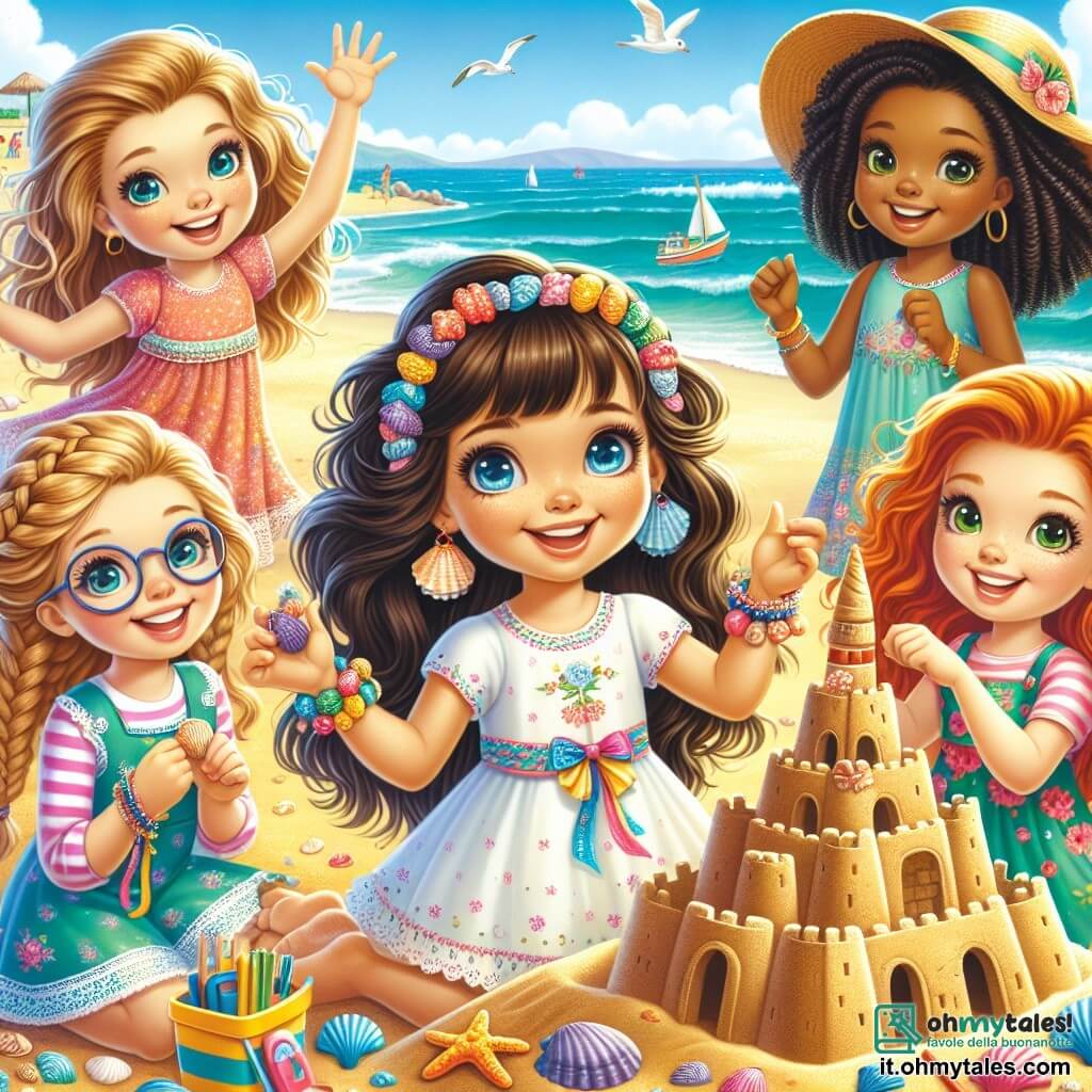 In una scena gioiosa sulla spiaggia, cinque ragazze di nove anni sono riunite. Martina, con i capelli castani e gli occhi scintillanti, sorride tenendo un braccialetto colorato fatto di conchiglie. A destra, Sofia, con i capelli ricci e dorati, alza le braccia in aria, piena di energia. A sinistra, Chiara, con gli occhiali e le trecce, mostra una stella marina trovata. Elisa, con i capelli neri e un vestito a fiori, decora un castello di sabbia con conchiglie. Infine, Giulia, con i capelli rossi e un cappello di paglia, balla felicemente sulla sabbia. Lo sfondo è una splendida spiaggia soleggiata, con onde turchesi che lambiscono la riva e un cielo blu brillante. In lontananza si vede un grande castello di sabbia decorato con bandiere di alghe e piccoli fossati, mentre un tramonto dorato illumina la scena. Le ragazze festeggiano il compleanno di Martina, cantando attorno a una "torta" di sabbia decorata con conchiglie e una candela, creando un'atmosfera festosa e amichevole.