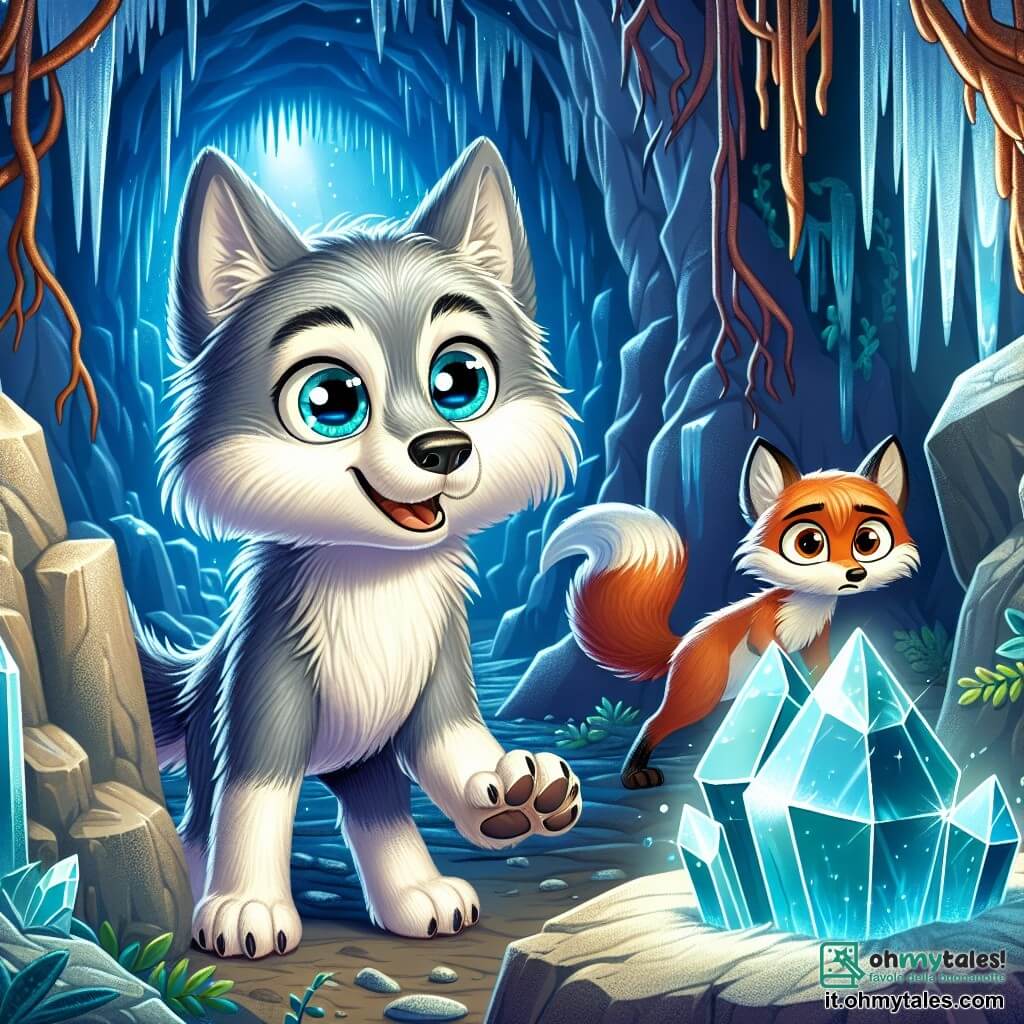 Un giovane lupo dagli occhi brillanti e dal pelo grigio, pieno di eccitazione e curiosità, si trova davanti a un immenso cristallo scintillante in una grotta misteriosa. Ha le orecchie dritte e la coda scodinzolante mostra il suo entusiasmo. Accanto a lui, una volpe astuta con un pelo arancione vivo, dagli occhi furbi, osserva il cristallo con un'espressione di meraviglia, mentre si nasconde dietro una grande pietra. Un gufo saggio, con piume marroni e grandi occhi rotondi, è posato su un ramo sopra di loro, mostrando un'espressione di preoccupazione, come se sapesse che qualcosa di importante stesse per accadere. La grotta è illuminata dalla luce blu del cristallo, i suoi muri sono decorati con stalattiti scintillanti e radici d'albero che si intrecciano, creando un'atmosfera magica e misteriosa. La scena emana un'aria di avventura e scoperta, mentre il lupo si prepara a toccare il cristallo, pronto a vivere un viaggio nel tempo.