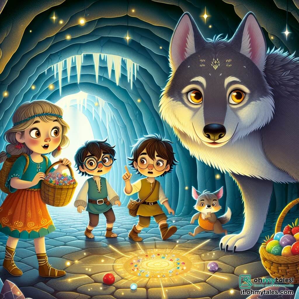 In una caverna misteriosa, un grande lupo grigio, con un pelo lucente e occhi scintillanti, si trova al centro, osservando con curiosità i quattro bambini. A destra, Marco, un ragazzo di 10 anni con capelli castani disordinati e un'espressione coraggiosa, indica una pietra brillante a terra. A sinistra, Sara, una bambina di 9 anni con lunghi capelli biondi e un vestito colorato, guarda il lupo con occhi meravigliati. Dietro Marco, Luca, un ragazzo di 11 anni con occhiali e un sorriso malizioso, tiene un cesto pieno di bacche colorate, pronto a offrirle al lupo. Infine, Tommaso, il più piccolo con i suoi 7 anni, capelli castani e guance rotonde, si nasconde leggermente dietro Sara ma osserva la scena con fascinazione. La caverna è ampia, con muri decorati da simboli antichi e stalattiti scintillanti che pendono dal soffitto. Un sentiero di pietre luminose si snoda attraverso il pavimento, illuminando lo spazio con una dolce luce. I bambini cercano di convincere il lupo ad ascoltarli, con espressioni di speranza e determinazione, mentre gli offrono bacche colorate per stabilire un legame di amicizia.