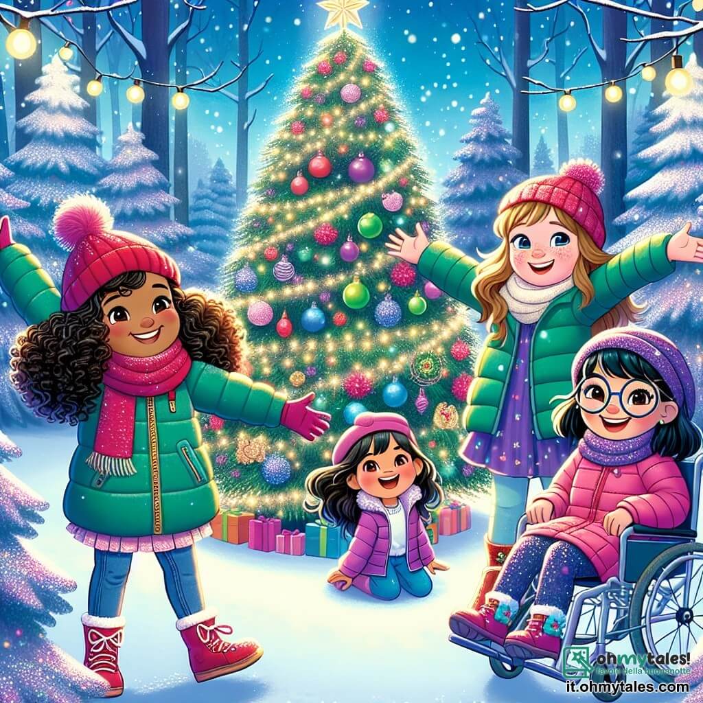 In una foresta incantata, quattro ragazze di otto anni sono insieme, circondate da neve scintillante. Giulia, con i capelli castani e ricci, indossa un berretto rosso e una sciarpa verde, sorridendo con entusiasmo. Alla sua destra, Sofia, con i capelli biondi e lisci, è vestita con un piumino rosa, saltellando di gioia con stelle negli occhi. A sinistra, Anna, con capelli castani e occhiali, indossa un cappotto blu e guarda curiosa un grande albero di Natale decorato. Infine, Marta, con capelli neri e ricci, è seduta sulla sua sedia a rotelle, vestita con un maglione viola, radiosa di felicità mentre tiene un peluche. Il luogo è una foresta magica, con alberi coperti di neve brillante e illuminati da ghirlande colorate. Al centro, un maestoso albero di Natale, adornato con palline multicolori e una stella dorata, scintilla sotto la luce delle stelle. Le quattro amiche scoprono l'albero di Natale, meravigliate dai regali che lo circondano, pronte a condividere la loro gioia e a fare desideri per aiutare gli altri, in un'atmosfera festosa e calorosa.