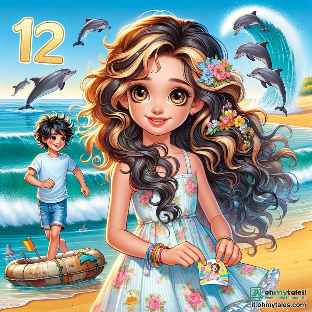 Una ragazza di 12 anni, Letizia, con lunghi capelli ricci castani e riflessi dorati, sorride con occhi scintillanti di eccitazione. Indossa un vestito leggero a fiori e tiene in mano una piccola barchetta di carta colorata, simbolo del suo compleanno. Accanto a lei, un ragazzo di 12 anni, Giò, con capelli neri e disordinati, sorride maliziosamente, vestito con una maglietta blu e pantaloni corti, vicino a una vecchia barca a remi sulla spiaggia. Sullo sfondo, una spiaggia di sabbia dorata si estende sotto un cielo blu splendente, mentre onde dolci lambiscono la riva. La scena mostra Letizia e Giò, meravigliati, che osservano delfini saltare gioiosamente nell'acqua, creando un'atmosfera magica e festosa, piena di gioia e amicizia.