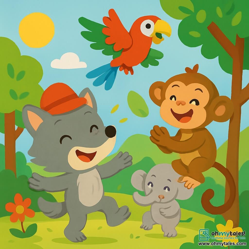 A small gray and soft-furred wolf, wearing a red hat, joyfully dances with a big smile on his face. Next to him, a mischievous monkey with sparkling eyes and brown fur, hanging from a branch, claps and laughs. A colorful parrot with bright red, green, and blue feathers flies above them, doing flips. The scene takes place in a sunny forest with green trees and shiny leaves, and colorful flowers growing on the ground. In the background, an elephant with large ears and gray skin tries to dance, shaking the ground beneath its feet. All the animals are having fun together in a festive atmosphere, laughing and dancing under the blue sky, creating a feeling of happiness and camaraderie.