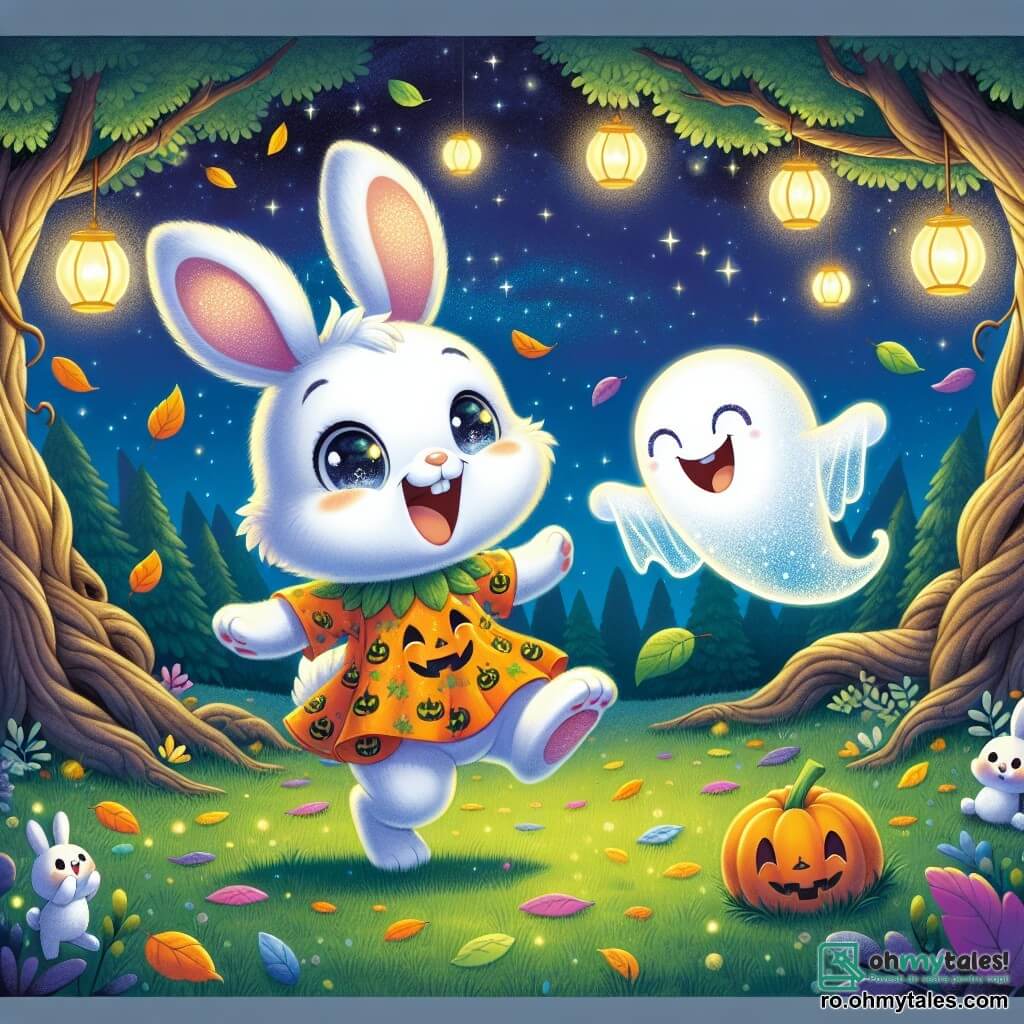 Într-o poiană fermecată, un iepuraș pe nume Momo, cu blana albă strălucitoare și urechi mari, poartă un costum de Halloween portocaliu aprins decorat cu modele de dovleci. Zâmbește larg, plin de bucurie și curiozitate, dansând vesel printre frunzele colorate. Lângă el, o fantomă prietenoasă, plutind ușor, are un aspect translucid cu ochi rotunzi și sclipitori. Râde cu voie bună, încurajându-l pe Momo să se distreze în continuare. Poiana este luminată de felinare strălucitoare suspendate în crengile copacilor, creând o atmosferă magică. Copacii cu trunchiuri noduroase înconjoară spațiul, iar stelele strălucesc pe un cer nocturn adânc. Situația principală arată cum Momo și fantoma participă la o competiție veselă de râs, înconjurați de animale din pădure care îi privesc cu uimire, toți pregătiți să se alăture petrecerii.