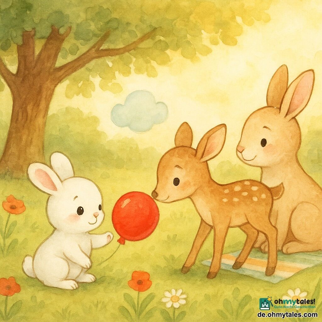 Ein kleiner weißer, flauschiger Hase mit runden Ohren und großen glänzenden Augen sitzt schüchtern und erleichtert und reicht eine Pfote zu einem roten, glänzenden Ballon; ein Reh namens Lilli mit beigeflecktem Fell lächelt sanft und stößt den Ballon zu ihm, während die größere Mutter mit cremefarbenem Fell zärtlich lächelnd auf einer gestreiften Decke unter einer Eiche sitzt und zuschaut; Szene: sonnige Waldlichtung mit grünem Gras, Gänseblümchen und Mohn, goldenes Licht durch runde Blätter; der Ballon rollt langsam, die Gesichter zeigen Wärme und Versöhnung, über dem Hasen schwebt eine pastellfarbene Wolke als Symbol beruhigender Gefühle; Stil: sanfte Aquarelle, feine Konturen, warme Pastellpalette, klare, kindgerechte Gesichtsausdrücke.