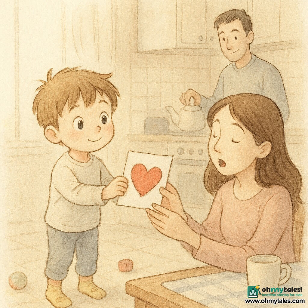 A 4-year-old boy with a round face and messy light brown hair, big bright eyes and a gentle proud expression stands on tiptoe in mismatched duck socks, holding a hand-drawn uneven red heart card trembling toward his mother; the father, about 35 with short dark hair and a warm reserved look, pours tea by the stove in the background, while the mother, about 32 with long brown hair, sits near the table half-awake and surprised as she opens the card; a soft morning-lit kitchen with pale wood table, ceramic cups, a small check napkin, tiled floor, scattered toys, and a pastel, low-contrast palette frames the tender suspended moment of the boy's small brave gesture and loving gaze.