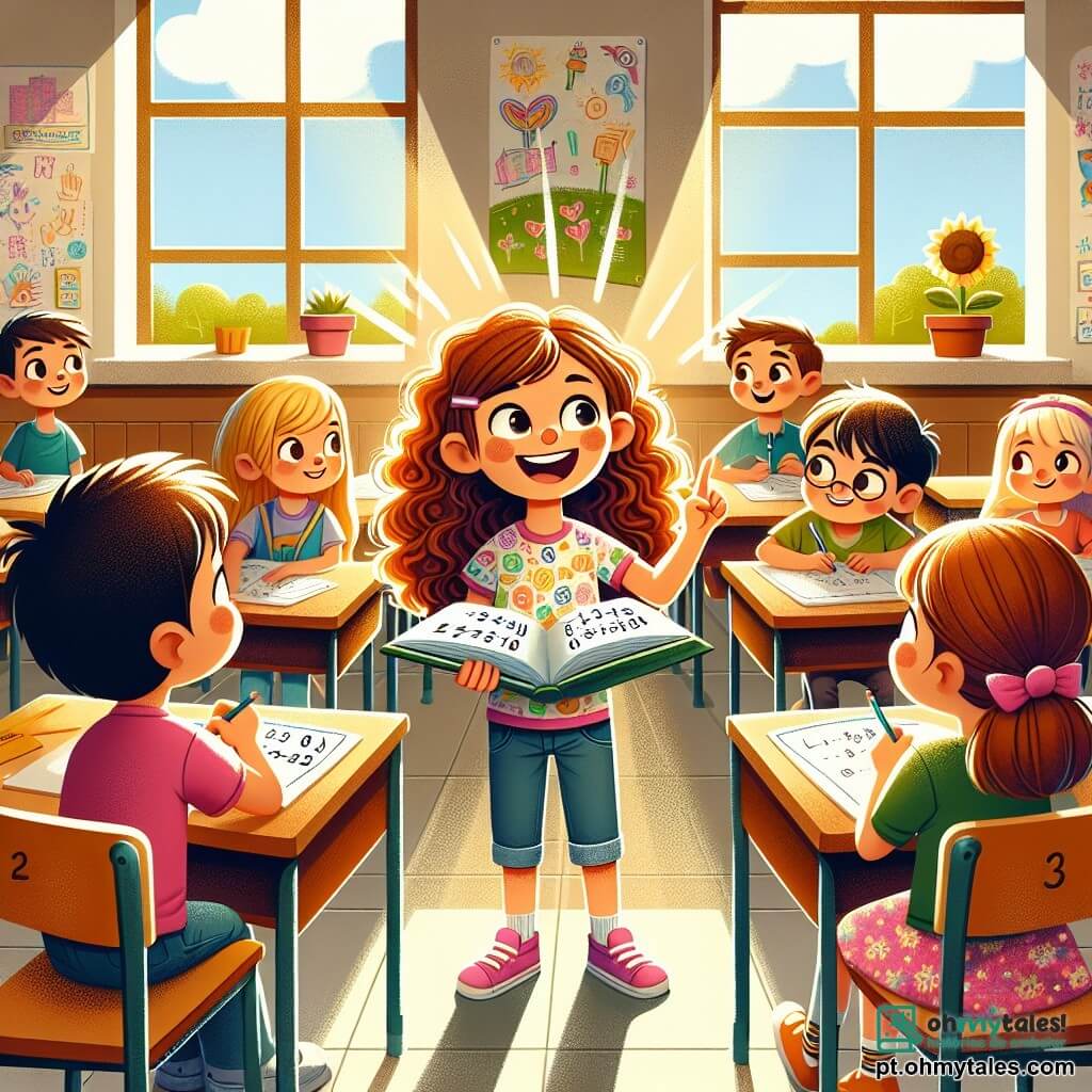 Clara, uma menina de 10 anos com cabelos castanhos cacheados, usa uma camiseta colorida e jeans. Ela sorri amplamente, com os olhos brilhando de excitação, enquanto segura um livro de matemática aberto, cercada por seus amigos. Ao seu lado, Luísa, uma menina de 10 anos com cabelos longos e lisos, veste um vestido florido e observa Clara atentamente, pronta para ajudar com um problema de matemática. Pedro, um garoto de 10 anos com cabelos curtos e castanhos, está sentado à frente deles, com um olhar concentrado e um lápis na mão, pronto para anotar. A cena acontece em uma sala de aula iluminada, com paredes decoradas com desenhos coloridos e cartazes educativos. Janelas deixam entrar a luz do sol, iluminando as mesas de madeira onde as crianças estão sentadas. Clara explica com entusiasmo uma dica matemática a seus amigos, enquanto eles riem e trocam ideias, criando uma atmosfera alegre e colaborativa.