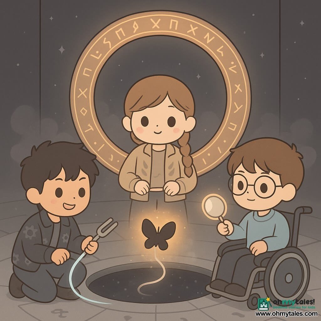 There are three children around a shadow-knot near a floating rune-ring inside a circular antimatter tower room: Mina, ~11, light-brown braided hair, round face and curious eyes, wearing a simple outfit with a light feather-patterned jacket, stands center holding a small silver tuning fork and focuses on the floating ring; Jayden, ~12, tan skin and messy black hair, a strained mischievous smile, squats left wrapping a glowing metal cable around the shadow-knot while wearing a jacket with gear motifs; Theo, ~12, short brown hair and round glasses in a sleek wheelchair to the right, holds a bright lens to his eye to direct a precise beam along light strands. The room has numbered floating floor panels, polished dark obsidian-like walls, a huge floating metallic rune-ring above a black shimmering pool, thin silver mist and small star-like lights; together the children retune the shadow creature—Mina strikes a clear note, Jayden guides the cable, Theo focuses the light—and the shadow softens into a small dark butterfly while the ring emits a warm, colorful halo.