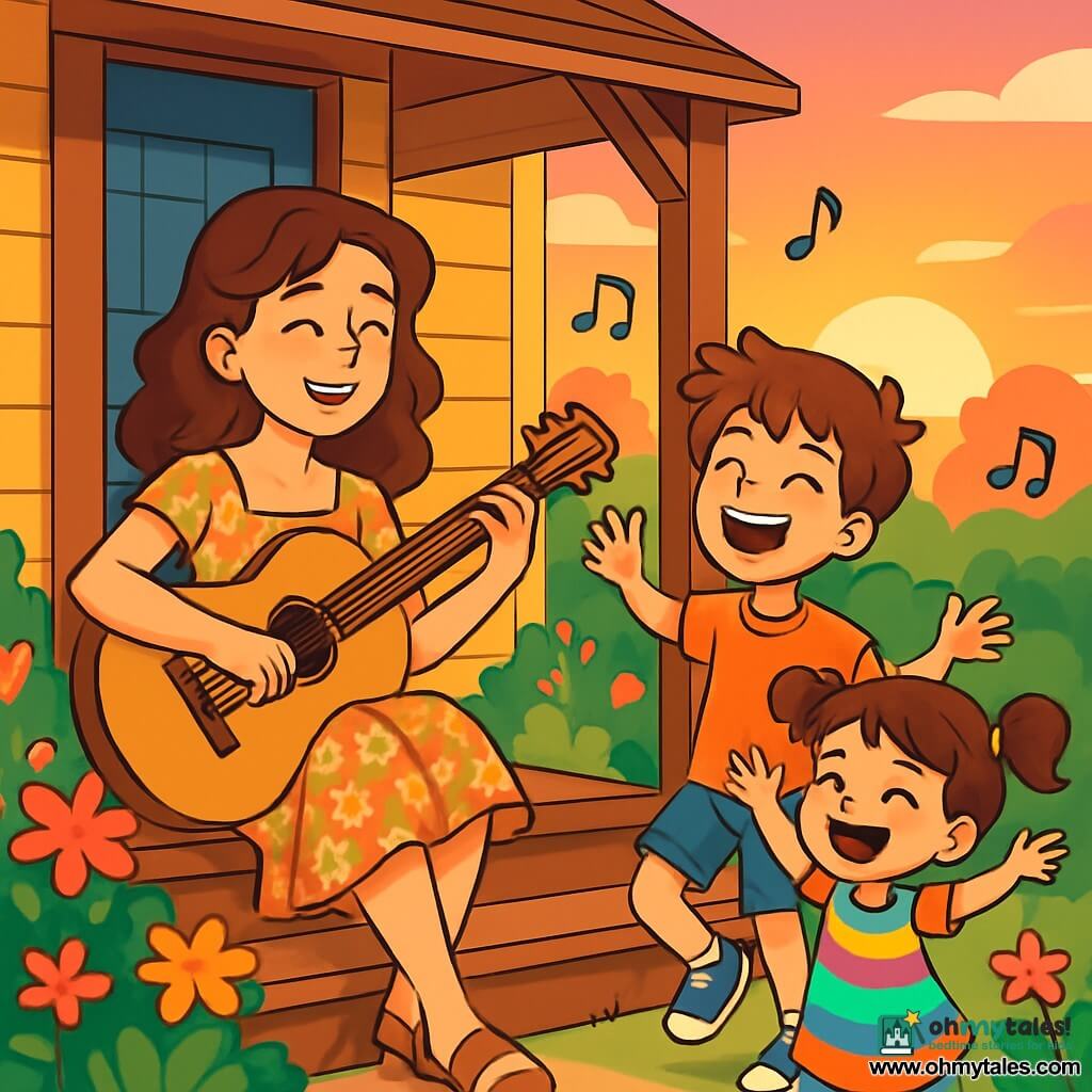 Clara, a young woman with wavy brown hair, sits on the porch of her charming wooden house, a radiant smile lighting up her face. She wears a light floral dress and holds her guitar, Melody, close to her, her eyes shining with excitement and passion for music. Next to her, Max, a 10-year-old boy with tousled hair and a wide smile, dances joyfully, arms raised towards the sky as if trying to touch the clouds. His sister, Lily, an 8-year-old girl with pigtails and a colorful dress, stands nearby, laughing and singing made-up lyrics, her eyes sparkling with mischief. The porch is surrounded by vibrant flowers and lush greenery, and in the background, the sun sets, casting golden and pink hues across the sky. The scene depicts Clara and the children creating a joyful melody, filled with laughter and creativity, capturing the spirit of friendship and music that unites them.