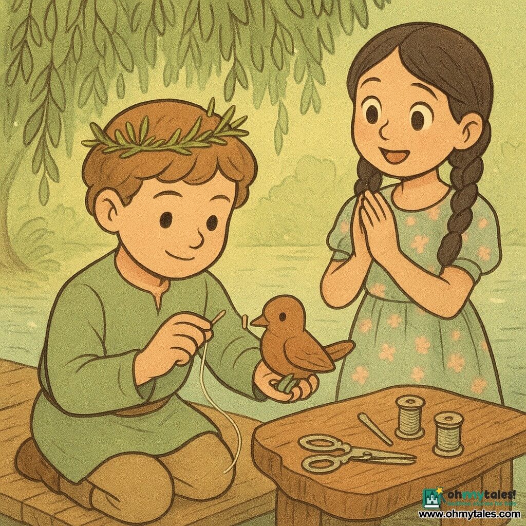 A young prince (boy) with a round face and calm smile, light chestnut slightly curly hair, wearing a small crown of grass and a simple sage-green tunic, kneels on a wooden plank at the edge of a dock, focused and determined, carefully holding a wooden toy bird with a tiny shiny bell. A girl named Mira (about 7), with black braided hair, a pastel floral dress and wide, wondrous eyes, stands beside him, gently applauding with hands clasped to her chest as she watches the repaired bird. The scene is an atelier beneath a weeping willow with drooping branches, green light filtering through leaves, a polished bark table with small silver tools and spools of silver thread nearby, a slatted wooden dock over silvery water with dew on the leaves; the prince stitches the tiny bell into the bird’s belly with a fine needle and silver thread while the girl sings softly, in a gentle, warm pastel atmosphere with visible textures of wood, fabric and willow fibers.