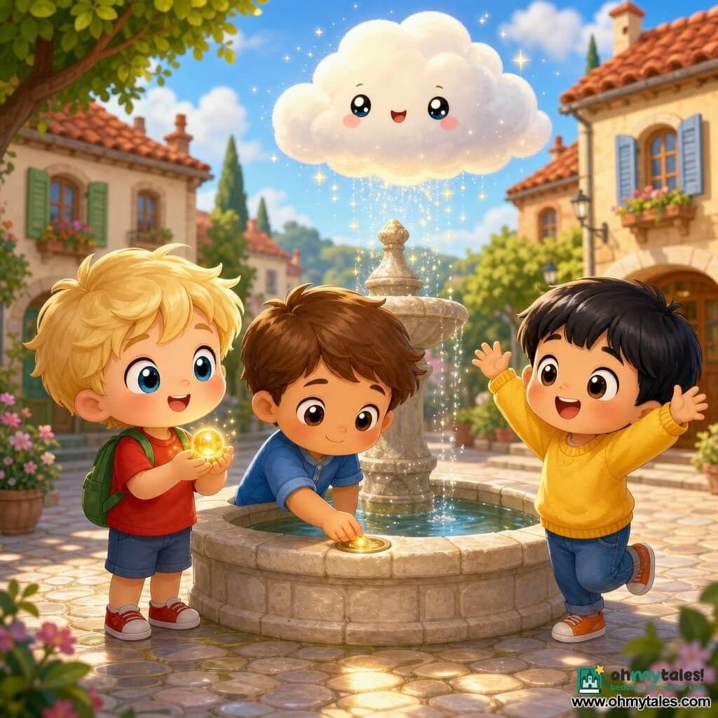 Three boys about four years old stand in a cozy village square with red‑roofed houses and pastel shutters: Finn, round‑faced with tousled blond hair, bright eyes, wearing a red T‑shirt and small green backpack, stands left delicately holding a small golden Sun‑Drop Pearl; Leo, slightly tanned with short brown hair and a calm look in a blue shirt, stands center gently placing the pearl into the circular slot of the light stone fountain; Max, cheerful with straight black hair, a wide smile and a yellow sweater, stands right on tiptoe, hands raised in excitement. The pearl is small, round and glowing warm with tiny sparks; a fluffy cloud above the fountain begins to glitter and sprinkle fine, glittering drops; the scene has soft late‑morning light, flowered gardens and round‑leaf trees in the background, tender, amazed expressions, a bright pastel palette, rounded shapes and a magical, safe atmosphere.