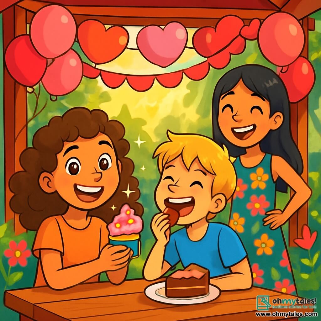 A 12-year-old girl with curly brown hair and sparkling joyful eyes is sitting at a wooden table under a gazebo decorated with pink and red balloons. She is smiling widely, holding a colorful cupcake in her hand, surrounded by shimmering glitter. Next to her, an 11-year-old boy with messy blonde hair and a blue t-shirt is laughing as he takes a bite of his cake. Another character, a 12-year-old girl with straight black hair wearing a floral dress, stands in front of them with her hands on her hips, showing a big conspiratorial smile. The gazebo is surrounded by lush greenery, colorful flowers, and sunlight filtering through the leaves, creating a warm and cheerful atmosphere. The scene conveys a festive and friendly spirit where the three friends celebrate their friendship with laughter and treats, illustrating the essence of Valentine's Day.