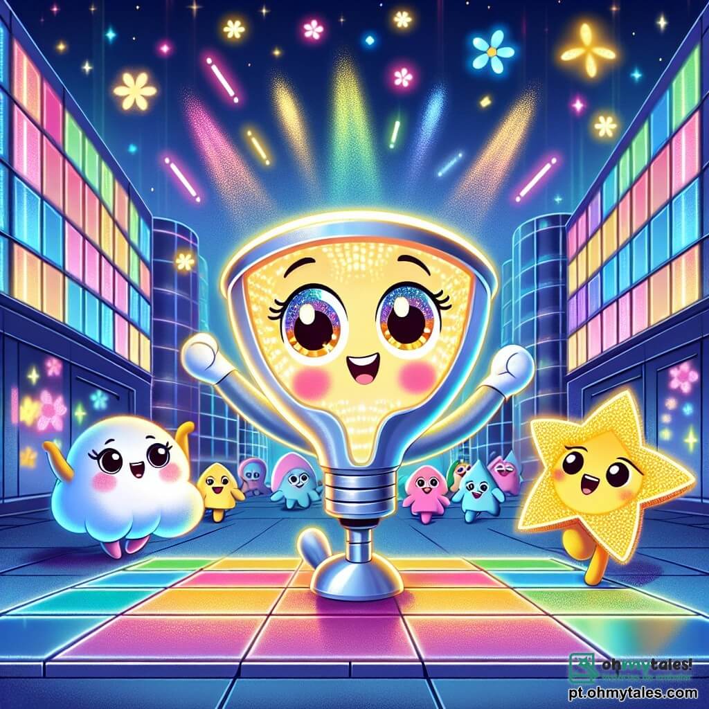 Bolinha, uma pequena lâmpada sorridente com um rosto iluminado e olhos brilhantes, dança alegremente no centro de uma praça futurista, seus raios de luz colorida cintilando ao seu redor. Ao seu lado, Fluf, uma nuvem macia e fofinha, flutua com um sorriso encantado, suas bordas arredondadas e cores pastel adicionando um toque de magia à cena. Estelinha, uma estrela brilhante com reflexos dourados, aplaude entusiasticamente, seus braços em forma de raios se estendendo para o céu. Ao fundo, um grande painel de controle brilha, cercado por edifícios de vidro que refletem as cores vivas da cidade. A praça é animada, cheia de flores dançantes e luzes piscantes, criando uma atmosfera festiva. A cena principal mostra Bolinha e seus amigos dançando juntos para restaurar o equilíbrio das luzes de Luminópolis, enquanto os habitantes emergem de suas casas, cativados pela magia de sua performance.
