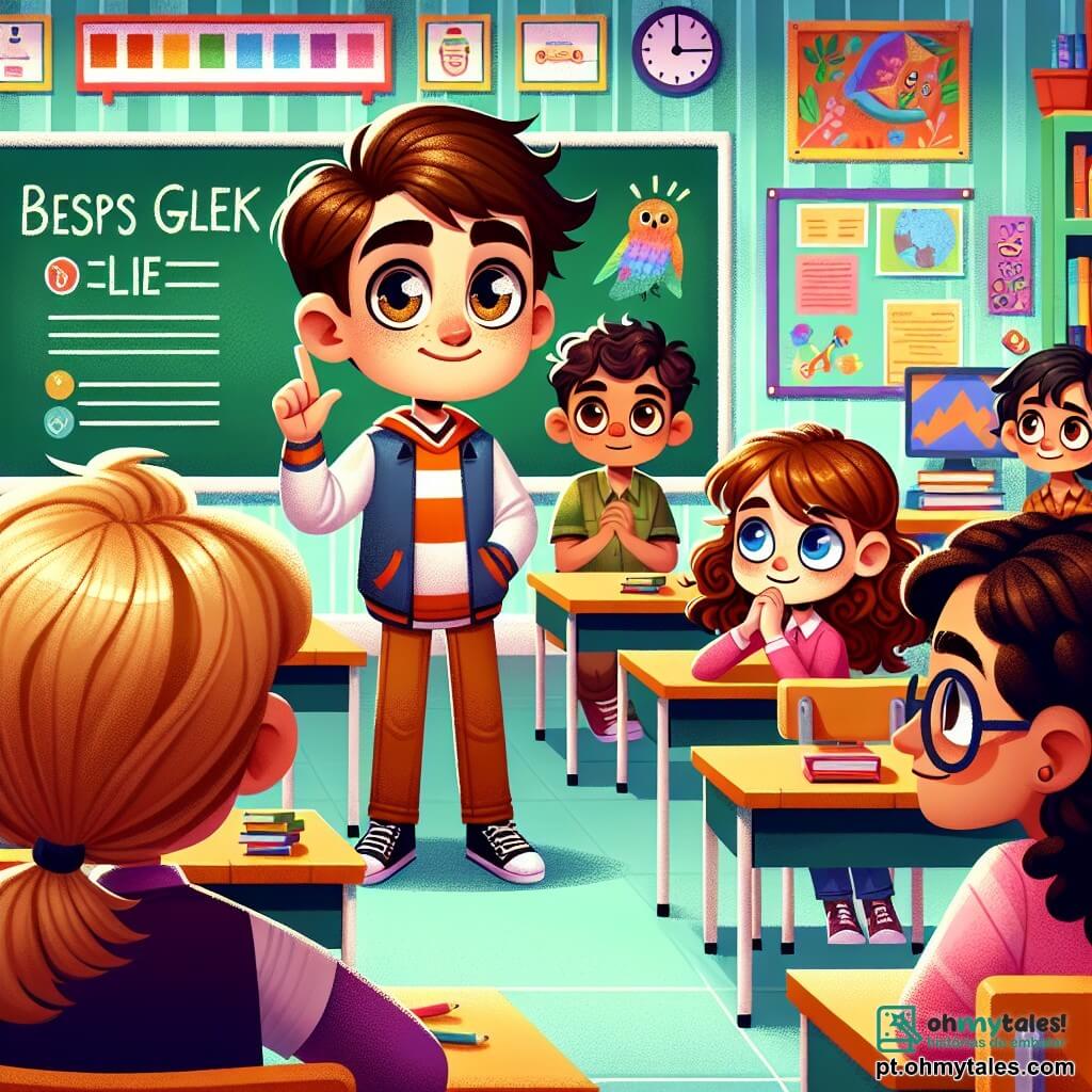 Em uma sala de aula colorida, Miguel, um garoto de 10 anos com cabelos castanhos e olhos brilhantes, está no centro, parecendo um pouco nervoso, com uma mão levantada para chamar a atenção dos amigos. À sua direita, Clara, uma menina de 9 anos com longos cabelos loiros e um vestido rosa, o observa com curiosidade, pronta para ouvir. À esquerda, Ana, uma menina de 10 anos com cabelos cacheados e óculos, cruza os braços, exibindo uma expressão de intriga e expectativa. A sala é decorada com desenhos coloridos nas paredes, com mesas de madeira e cadeiras vibrantes. Um grande quadro negro está ao fundo, onde se vê palavras escritas com giz. A cena principal mostra Miguel, visivelmente ansioso, explicando aos amigos que mentiu sobre um videogame que alegava ter ganhado, enquanto seus colegas o ouvem atentamente, com expressões que variam de surpresa a compreensão.
