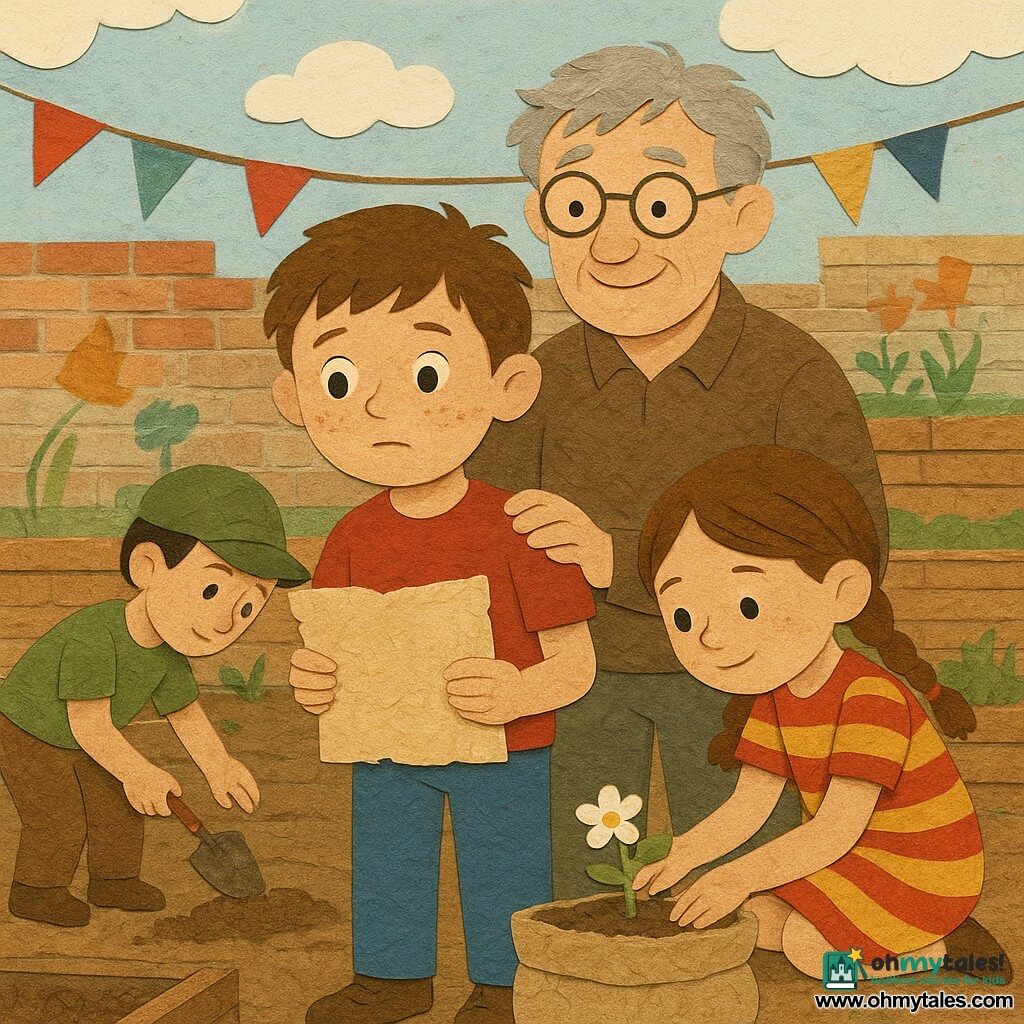 An emotional, determined 8-year-old boy with a round, freckled face, short chestnut hair and bright eyes stands in the foreground holding a large parchment map and a blue watering can; a kindly smiling elderly man (~70) with messy gray hair and round glasses stands slightly behind with a hand on the boy’s shoulder; a 7-year-old girl in a red-and-yellow striped dress with braided hair crouches to the right planting a small flower in a planter made from reused sandbags; a 9-year-old boy wearing an olive cap picks up a small rusty metal trowel and digs near a cracked wooden bench to the left; the setting is a downtown community garden after a conflict—dirt paths, weathered wooden beds, sandbag planters, brick walls brightened by naive murals, torn flags sewn into garlands and a clear sky with paper-cut clouds; theme: reconstruction and peace—children planting flowers together to repair the city, cooperative gestures, hopeful gentle expressions, warm colors and layered paper textures, optimistic calm atmosphere.