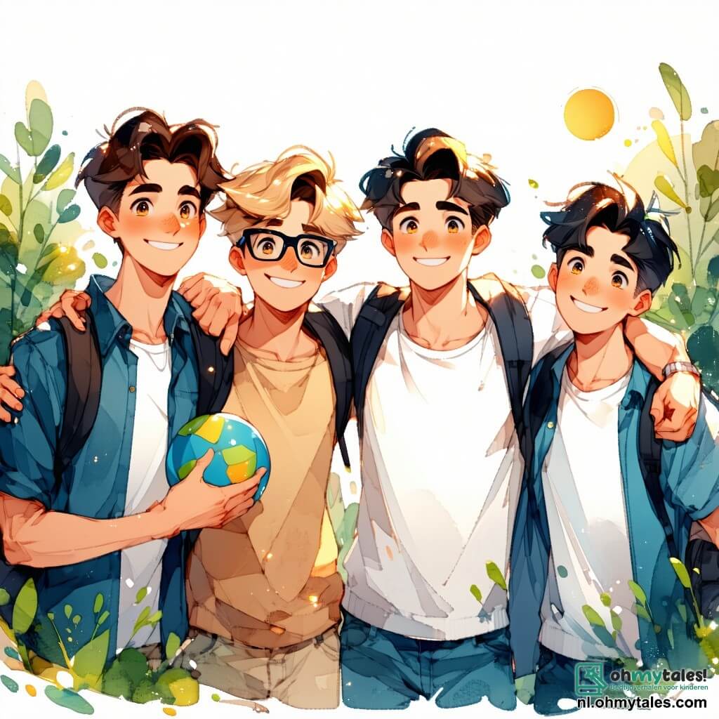 In een zonnig park staan vier jongens van twaalf jaar samen, omringd door groen. Tom, een jongen met bruin haar en sprankelende ogen, glimlacht vrolijk terwijl hij een frisbee in zijn hand houdt. Rechts van hem kijkt Sam, met rommelig blond haar en een bril, enthousiast naar zijn vriend. Links van Tom houdt Joris, een jongen met zwart haar en een lichte huid, een voetbal vast, klaar om te spelen. Tot slot zit Peter, met rood haar en sproeten, op het gras te lachen met een zakje snoep in zijn hand. Het park is vol met groene bomen, kleurrijke bloemen en een levendig speelplein waar kinderen zich vermaken. Achterin weerspiegelt een klein meer de blauwe lucht, wat een vleugje sereniteit aan de scène toevoegt. De vier vrienden hebben net een schermloze schattenjacht afgerond en vieren hun overwinning door snoep te delen en samen te lachen, blij dat ze samen buiten tijd hebben doorgebracht.