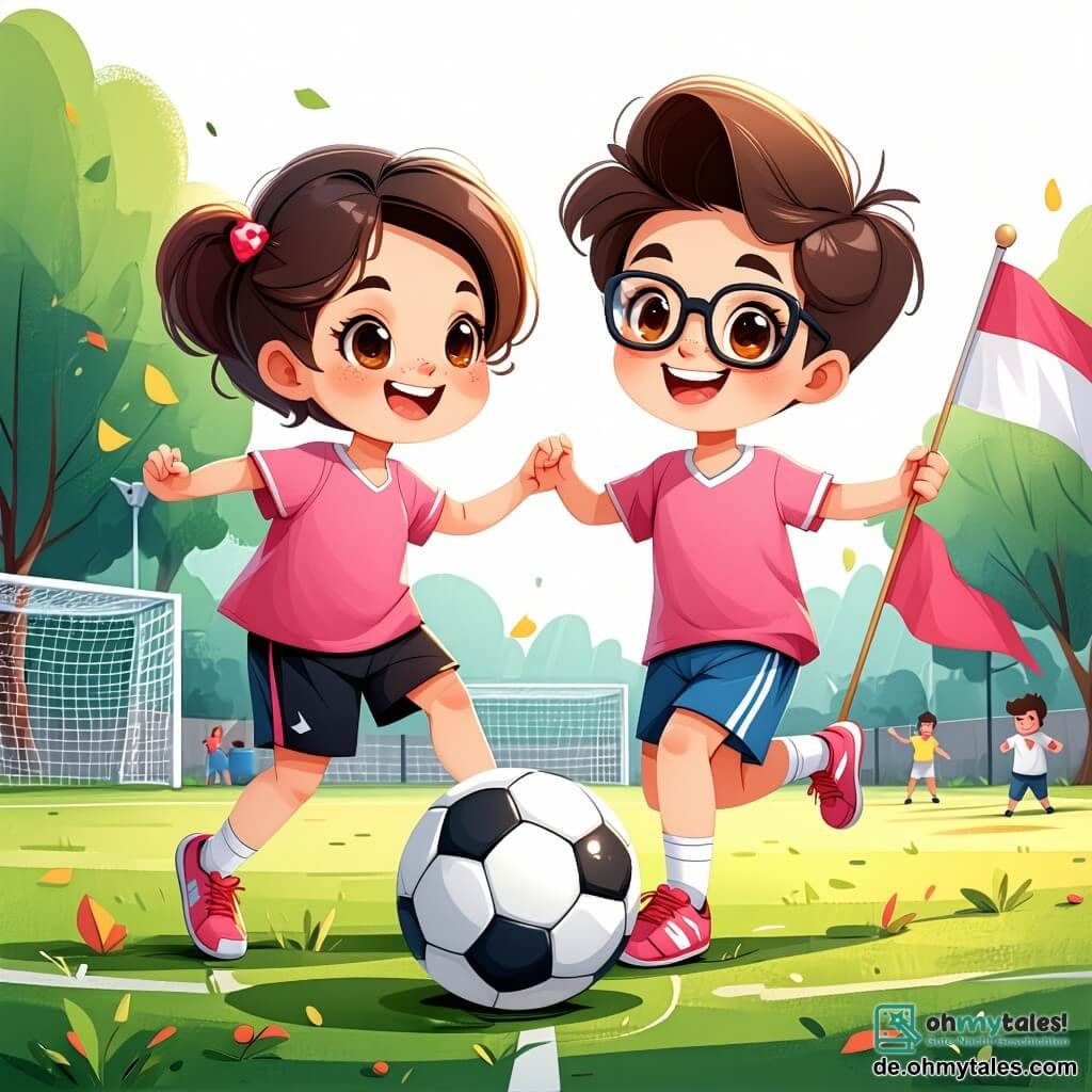 Clara, ein 11-jähriges Mädchen mit kurzen, lockigen Haaren, trägt ein leuchtend pinkes Fußballtrikot und schwarze Shorts. Sie ist voller Energie und Entschlossenheit, lächelt breit und dribbelt den Ball geschickt auf dem Feld. Neben ihr ermutigt Leo, ihr bester Freund, der 11 Jahre alt ist, mit braunen Haaren und Brille, sie mit einem großen Lächeln und hält eine Fahne ihres Teams. Er trägt ein blaues T-Shirt und Shorts. Die Kulisse ist ein grünes Fußballfeld, umgeben von begeisterten Zuschauern, mit Bäumen im Hintergrund und einem blauen Himmel, der mit weißen Wolken übersät ist. Die Szene zeigt Clara in Aktion, wie sie leidenschaftlich den Ball während eines wichtigen Spiels dribbelt, während ihre Freunde sie anfeuern und eine Atmosphäre von Kameradschaft und Freude schaffen.