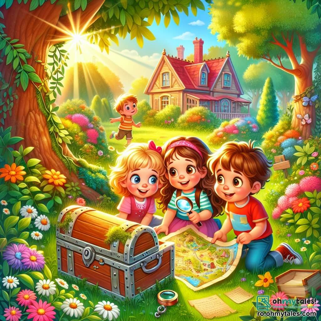 O fetiță de 6 ani, Maria, cu ochi mari și strălucitori și păr castaniu creț, este în genunchi pe iarba verde, ținând o veche hartă a comorii în mâini. Zâmbește cu uimire și curiozitate, obrajii ei fiind ușor rumeniți de emoție. Lângă ea, un băiat de 6 ani, Andrei, cu părul blond răvășit și un tricou roșu, se uită la hartă cu o expresie de surpriză, ochii săi fiind mari. Un alt copil, Lia, o fetiță de 6 ani cu păr lung și neted, purtând o rochie albastră, se apleacă peste umărul Mariei, arătând cu degetul un simbol misterios de pe hartă cu un aer intrigat. Decorul este un parc însorit, plin de copaci mari cu frunze verzi strălucitoare, flori colorate împrăștiate pe sol și o veche casă din lemn în fundal, ascunsă în spatele arbuștilor. În prim-plan, un cufăr din lemn, acoperit cu mușchi, este parțial deschis, dezvăluind documente vechi și o lupă. Situația principală arată copiii în plină explorare, descoperind o hartă a comorii care îi conduce spre o aventură palpitantă, plină de mistere și secrete de descifrat.