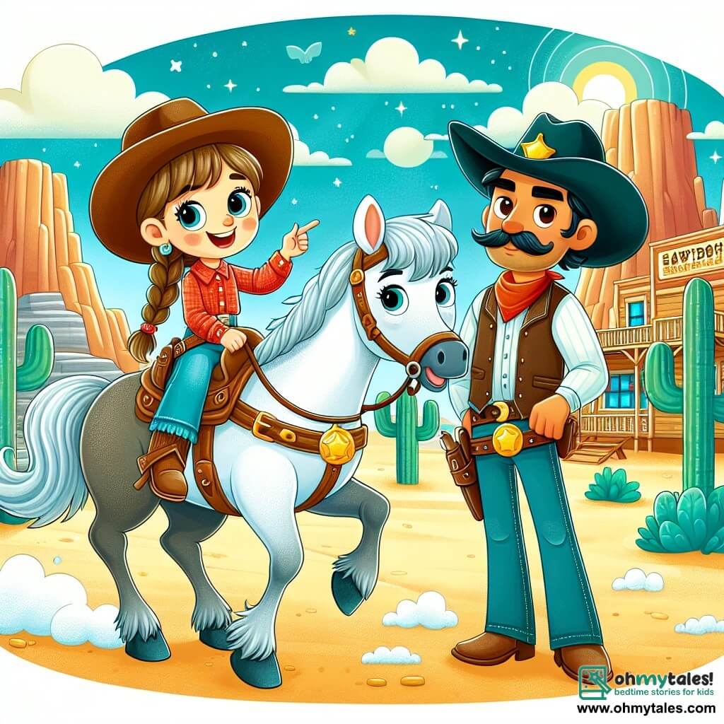 Cowgirl Clara, a smiling girl with a large cowboy hat and leather boots, is sitting on her mare Daisy, a beautiful white horse with a wavy mane. Clara has brown hair in a braid and her eyes sparkle with excitement. Next to her, Sheriff Sam, a man in his thirties with a thick mustache and a shiny badge, rides a black horse. He looks at Clara with a serious expression, pointing towards the saloon in the distance. The setting is an outdoor cowboy camp, surrounded by large mountains and green cacti, with a bright blue sky and shining sun. The main scene shows Clara and Sam ready to embark on an adventure, with clouds of dust rising under the horses' hooves as they head towards the mysterious saloon.