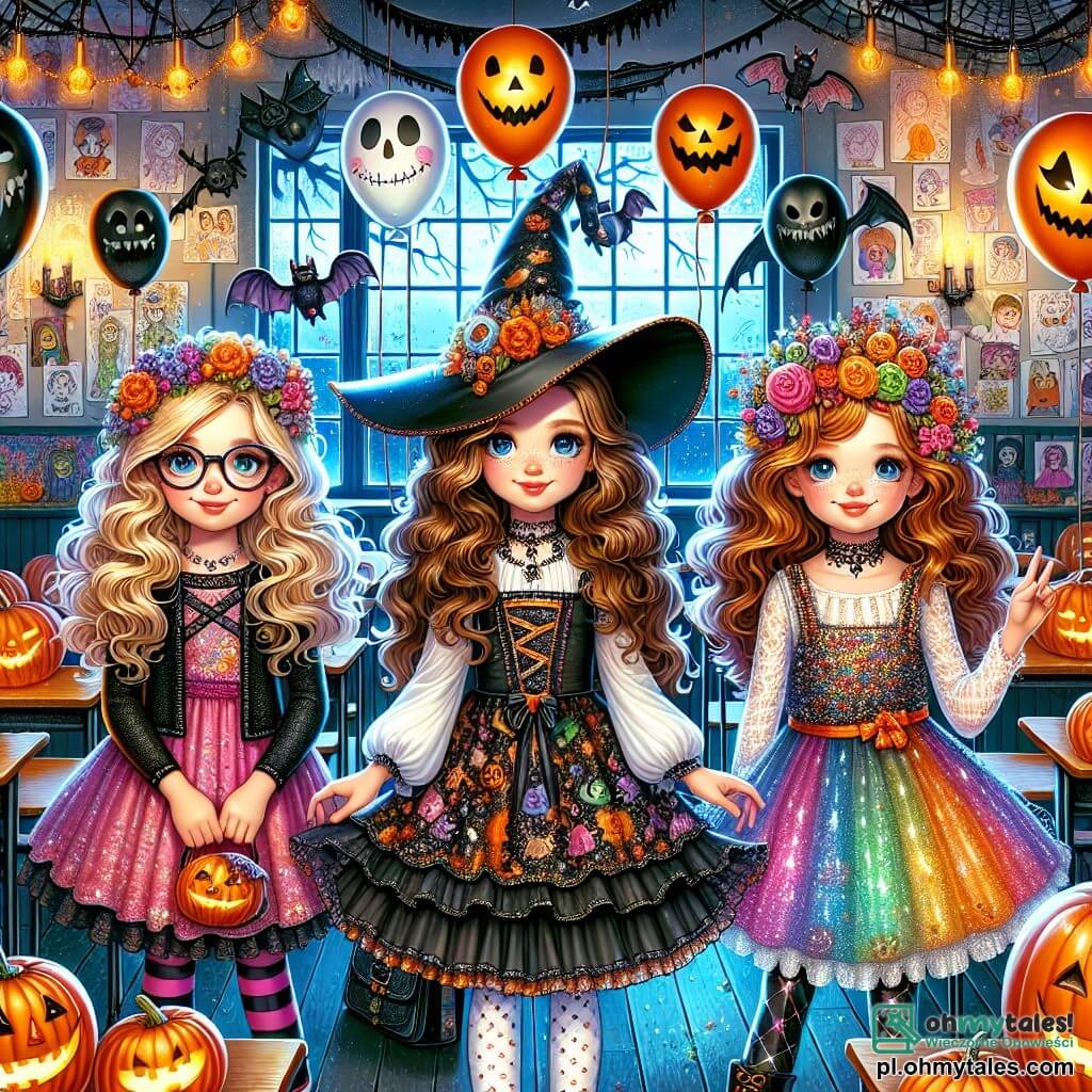 Na środku obrazu trzy dziewczynki w wieku 10 lat, Ania, Kasia i Zosia, stoją razem, każda w kostiumie Halloweenowym. Ania, z długimi brązowymi włosami i okularami, przebrana jest za czarownicę z dużym czarnym kapeluszem i sukienką z falbanami. Po jej lewej stronie Kasia, z blond kręconymi włosami, jest ubrana za wampira w czerwoną pelerynę i ostre zęby. Po prawej stronie Zosia, z kasztanowymi włosami i kwiatową koroną, przebrana jest za wróżkę w błyszczącej sukience i kolorowych skrzydłach. Otaczają je dekoracje Halloweenowe, takie jak pajęczyny i straszące dynie. Tło to klasa przekształcona na Halloween, z ścianami pokrytymi rysunkami duchów i potworów, unoszącymi się czarnymi i pomarańczowymi balonami oraz przyciemnionym światłem, które tworzy tajemniczą atmosferę. Dziewczynki odkrywają stary magiczny książkę na drewnianym stole, ich twarze oświetlone są ciekawością i ekscytacją. Ania trzyma otwartą książkę, podczas gdy Kasia i Zosia pochylają się do przodu, zafascynowane ilustracjami zaklęć i magicznych stworzeń.