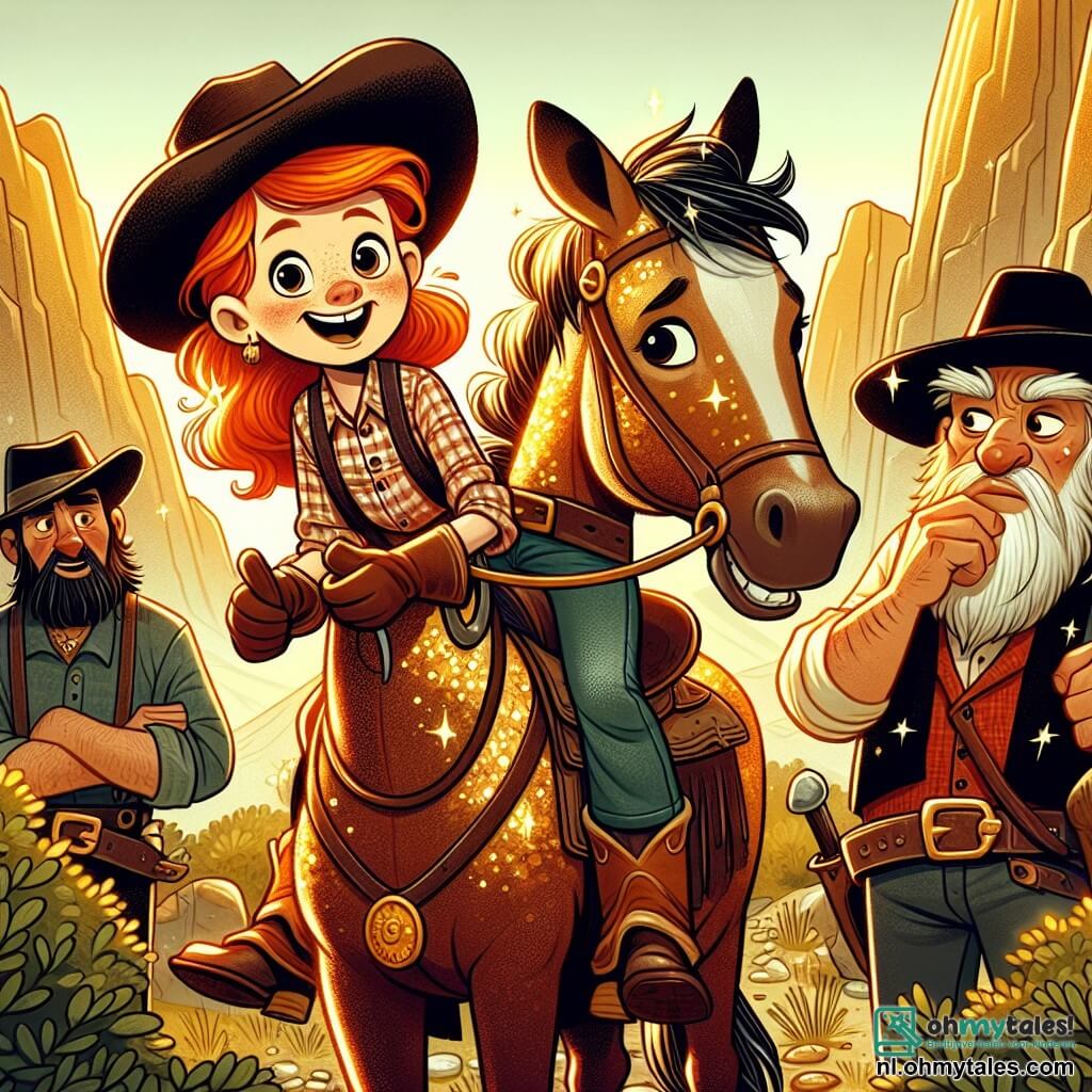 Daisy, een jonge cowgirl van ongeveer 10 jaar, staat trots op haar paard Rusty, een prachtige pony met een vurig manen. Ze draagt een brede cowboyhoed, een geruite blouse en leren laarzen, haar gezicht straalt van opwinding en vastberadenheid terwijl ze een fonkelader goud ontdekt in het zonlicht. In de buurt kijkt een groep bandieten, drie mannen van middelbare leeftijd, naar Daisy met uitdrukkingen van verbazing en bewondering. De eerste, een lange man met een rode baard, houdt een pickel vast en lijkt aarzelend, terwijl de tweede, een stevige man met een zwarte hoed, zijn armen over elkaar heeft met een amusante glimlach. De derde, een slanke man met lang haar, kijkt nieuwsgierig naar Daisy, geïntrigeerd door haar moed. De scène speelt zich af in de majestueuze gouden bergen, waar steile rotsen en groene bomen een klein beekje omringen dat onder de zon schittert. Kleurrijke wilde bloemen bedekken de grond en voegen een vleugje magie toe aan de omgeving. Daisy, vol moed, stelt de bandieten voor om samen te werken om meer goud te vinden, en transformeert een potentieel gevaarlijke ontmoeting in een onverwachte samenwerking terwijl ze hen naar de verborgen schat leidt.