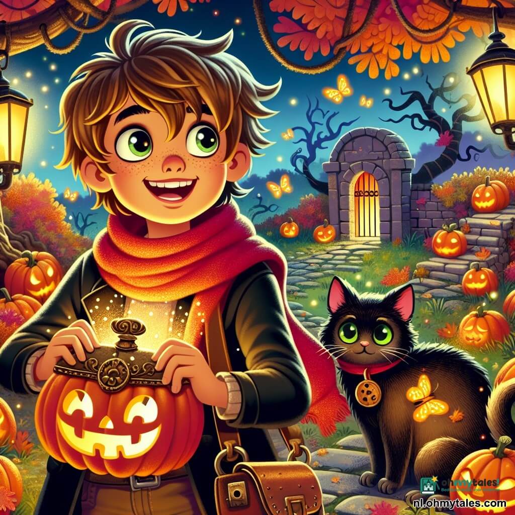 Een 10-jarig jongetje, genaamd Bram, staat in het midden van een Halloween-nacht, met nieuwsgierige ogen en een verwonderde glimlach. Hij draagt een grote rode sjaal en houdt een oude koperen lantaarn in zijn handen, die zijn gezicht verlicht met blosjes van opwinding. Naast hem zit een zwarte kat met sprankelende groene ogen op een muurtje, alsof hij een geheim weet. Op de achtergrond is een mysterieuze park vol met bomen met kromme takken, waarvan de gouden bladeren zachtjes op de grond vallen, terwijl oranje lampionnen en grijnzende pompoenen het pad verlichten. In deze scène ontdekt Bram een magische deur in een grote eik, klaar om deze te openen met een sleutel versierd met een kleine pompoen, terwijl vuurvliegjes om hem heen dansen en een betoverende en mysterieuze sfeer creëren.