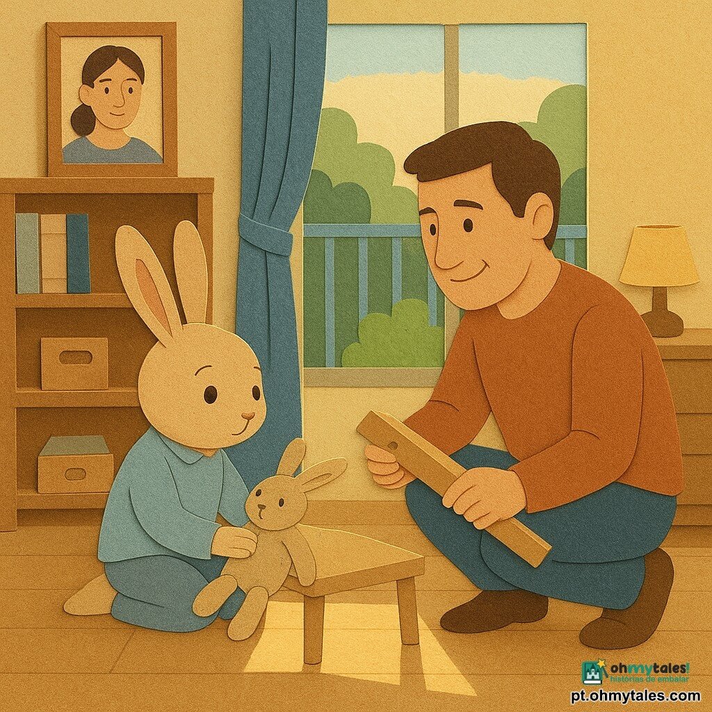 O personagem principal é um pequeno coelho antropomórfico de orelhas longas e pelo bege claro, olhar pensativo e suavemente reconfortado, sentado num quadrado de luz no chão enquanto coloca um doudou de tecido gasto (Nabo) numa mesinha; o pai, homem humano de cabelo castanho curto e rosto afetuoso com sorriso terno e ligeira tristeza, está agachado ao lado de um móvel em kit segurando uma prancha e um parafuso, olhando o coelho com orgulho contido; a mãe está ausente fisicamente e evocada por uma foto emoldurada na estante (cabelos presos, olhar caloroso) entre livros; o espaço é um pequeno apartamento luminoso com chão de madeira clara, janela com varanda e vista para um jardim, estante parcialmente montada, abajur aceso, cortinas leves e manta dobrada, texturas de papel recortado com bordas rasgadas e sombras; a cena mostra o filho montando seu "cantinho" no quarto do pai após a separação, íntima, em cores quentes (amarelo suave, azul pastel, madeira clara) com objetos pessoais (caderno "Ponte", caixa de emoções de madeira, porta-óculos) dispostos com cuidado e a composição centrada no quadrado de luz e na pequena interação silenciosa entre coelho e pai.