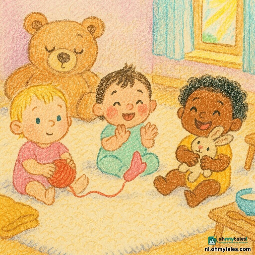 Er zijn vier figuren: Mia, meisje, 1 jaar, kort blond haar, links zittend op een zacht tapijt met een rood bolletje wol dat naar het midden rolt; Lina, meisje, 1 jaar, bruin plukjes haar, in het midden, klapt in haar handen en kijkt naar een sok die kietelt; Zoë, meisje, 1 jaar, krullend zwart haar, rechts zittend, lacht breed en houdt een beige konijnenknuffel tegen zich aan; de grote knuffel, lichtbruine teddybeer, ligt iets achter de baby's te slapen met een grote ronde neus en een scheef oog. Plaats: een zachte, lichte kamer met een groot crème wollen tapijt, een opgevouwen mosterdkleurige deken, een lage tafel met een houten lepel en een kom dampende melk, en een open raam waar een gouden zonnestraal binnenvalt. Situatie: drie baby's spelen rustig rond een rollend bolletje wol, een sok zorgt voor gelach, de grote knuffel slaapt ernaast, zonlicht overspoelt de scène, warme kalme sfeer, eenvoudige potloodlijnen, pasteltinten en zichtbare wol- en stoftexturen.