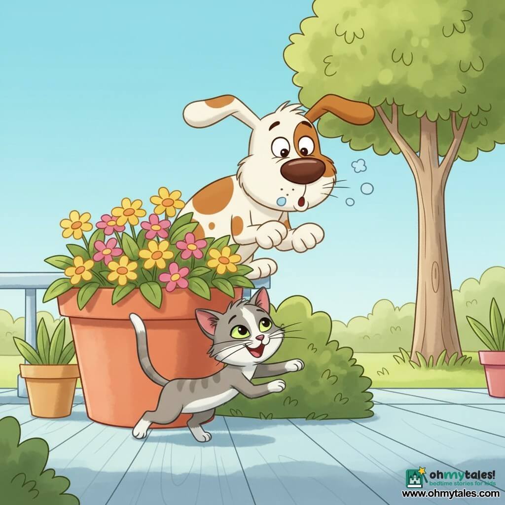 Benny is a cheerful, mischievous dog with a round muzzle, light brown coat with white spots, floppy ears and bright eyes; he looks surprised and sneezes "achoo" while leaning behind a large terracotta flowerpot, Lucy is a slim gray-and-white kitten with mischievous green eyes and a raised tail who laughs and jumps out of a bush beside a small tree in front of the pot, looking at Benny, the sunny porch has pale blue painted wooden slats, colorful flowerpots, green grass and a beige-trunk tree with warm light and soft shadows, main scene: a playful hide-and-seek moment—Benny awkwardly hides behind the pot and sneezes while Lucy discovers him laughing, lighthearted mood, vivid colors and soft rounded lines