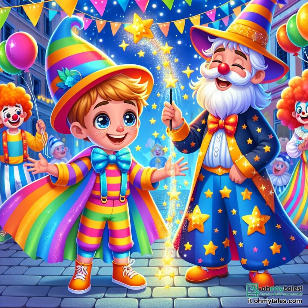 Un ragazzo di 9 anni, Tommaso, è al centro della scena, radioso di gioia ed eccitazione. Indossa un costume da Mago Arcobaleno, con un mantello colorato dai vivaci toni dell'arcobaleno che fluttua intorno a lui, e un grande cappello a punta decorato con piccoli specchi scintillanti. I suoi occhi brillano di felicità mentre agita una bacchetta magica ornata di stelle dorate, creando scintille di luce attorno a sé. Accanto a lui, un clown gioioso di circa 30 anni, con capelli arancioni e un naso rosso, lo osserva con ammirazione, tenendo una manciata di palloni colorati che fluttuano nell'aria. Più lontano, un mago di 50 anni, con una lunga barba bianca e un costume blu stellato, sorride vedendo Tommaso, pronto a insegnargli un nuovo trucco di magia. La scena si svolge in una strada animata di una piccola città, decorata con ghirlande colorate e lanterne brillanti, dove persone in costumi festivi ballano e ridono. Tommaso, il Mago Arcobaleno, sta realizzando un trucco di magia con la sua bacchetta, facendo apparire palloni colorati nelle mani del clown, mentre la folla applaude e si meraviglia, piena di risate e gioia.