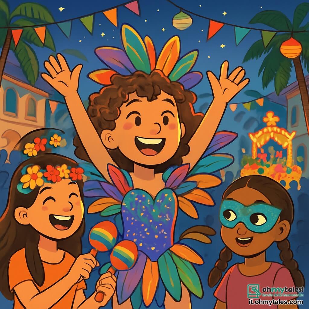 Una ragazza di 12 anni, di nome Giada, con capelli ricci e disordinati, indossa un costume di carnevale brillante, decorato con piume multicolori e paillettes scintillanti. Ha occhi pieni di gioia e un ampio sorriso che illumina il suo viso. Danza con entusiasmo in mezzo a una folla festosa, con le braccia alzate verso il cielo. Accanto a lei, Lila, un'altra ragazza di 12 anni, con capelli lunghi e lisci, indossa una corona di fiori colorati. Ride agitando delle maracas, contribuendo all'atmosfera festiva. Suri, sempre di 12 anni, con trecce e una maschera brillante, sta un po' indietro, affascinata dai costumi sgargianti che la circondano. Il luogo è una piazza centrale di un'isola tropicale, decorata con festoni colorati e lanterne scintillanti. Le palme ondeggiano dolcemente al ritmo della musica, mentre un grande carro di carnevale, decorato con fiori e luci, sfilano in lontananza. La scena principale mostra Giada e le sue amiche che si divertono nel cuore del carnevale, circondate da risate, musica e colori vivaci, celebrando l'amicizia e la gioia di vivere in un'atmosfera magica e festiva.