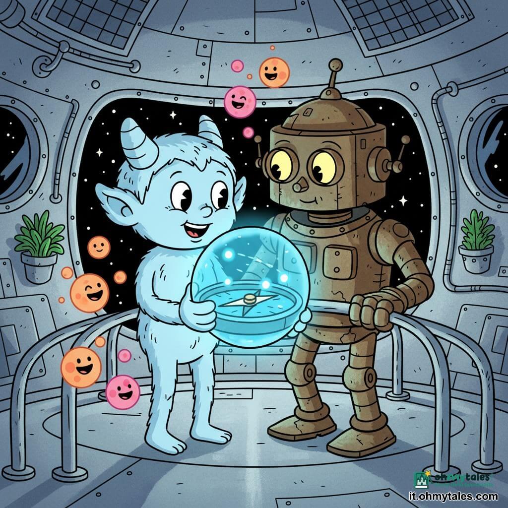 Il protagonista è un piccolo folletto extraterrestre di cometa dal viso rotondo e corna morbide come gommapiuma, corpo snello coperto di pelliccia azzurro pallido scintillante, gioioso e meravigliato, occhi grandi e luminosi, che tiene una grande bussola sferica che emette una luce blu elettrico; personaggio secondario: un antico robot guardiano retrò in metallo brunito, occhi-lampada gialli, espressione calma e curiosa, accanto al folletto con una mano su una ringhiera; creature di luce facoltative, piccole sfere luminose arancioni e rosa, fluttuano ridendo silenziosamente; ambientazione: interno di una stazione spaziale anulare in argento lucido con oblò sul cielo stellato, pannelli solari e tubature curve, pavimenti metallici riflettenti e piante fluorescenti attaccate alle pareti; situazione: il folletto attiva la bussola che proietta una mappa olografica blu con tre punti luminosi, atmosfera di meraviglia e avventura, illuminazione contrastata con bagliore della bussola sui volti e riflessi metallici, composizione centrata sulla bussola aperta e gli sguardi rivolti verso di essa.