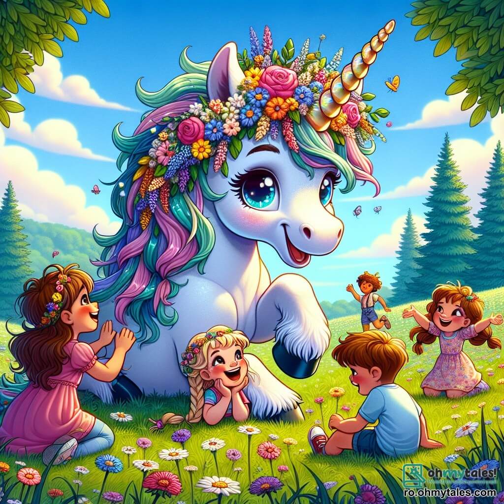 O unicornă curioasă numită Lili, cu o splendidă coroană de flori colorate și un corn strălucitor în culorile curcubeului, sare veselă în mijlocul unui grup de copii. Lili are ochi strălucitori de fericire și un zâmbet larg, exprimându-și bucuria de a fi găsit noi prieteni. Printre copii, un băiat de 7 ani, cu părul brun și un tricou albastru, râde încercând să se cațere pe spatele lui Lili. O fetiță de 6 ani, cu împletituri lungi blonde și o rochie roz, stă pe iarbă, decorând coroana lui Lili cu flori sălbatice, fascinată de frumusețea ei. Scena se desfășoară într-un câmp verde splendid, presărat cu flori strălucitoare sub un cer albastru, cu copaci măreți în fundal. Razele soarelui luminează peisajul, creând o atmosferă veselă și magică. Situația principală arată cum Lili și copiii se distrează împreună, râzând și jucându-se, în timp ce Lili face o piruetă grațioasă, făcându-și cornul să strălucească sub soare, iar copiii o înconjoară cu zâmbete radiante, sărbătorind noua lor prietenie.