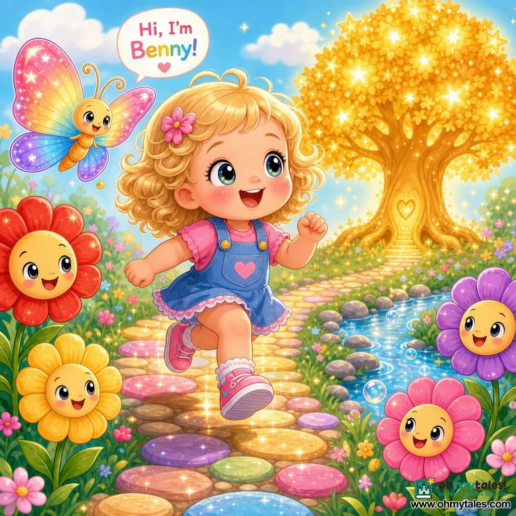 A chibi kawaii 2-year-old girl with a round face, short curly blond hair, big bright eyes and an amazed smile jumps along a sparkling stone path toward a golden tree with star-like leaves; Benny the butterfly with wide translucent rainbow wings hovers above her shoulder, colorful smiling talking flowers line the path, and a clear stream with round stones and shiny bubbles runs between her and the tree, all in warm, luminous pastel colors, soft shiny textures, centered composition, joyful confident expression suitable for toddlers.