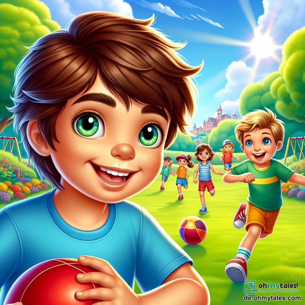 Ein 6-jähriger Junge namens Max, mit zerzausten braunen Haaren und neugierigen Augen, steht lächelnd im Mittelpunkt des Bildes, während er mit einem roten Ball in einem sonnigen Park spielt. Er trägt ein blaues T-Shirt und gelbe Shorts, und sein Gesichtsausdruck zeigt ansteckende Freude. Neben ihm lacht Paul, ein 6-jähriger Junge mit blonden Haaren und blauen Augen, während er den Ball zu Max wirft. Paul trägt ein grünes T-Shirt und orangefarbene Shorts und ist leicht nach vorne gebeugt, bereit zu rennen. Im Hintergrund sieht man einen grünen Park mit majestätischen Bäumen, bunten Blumen und einem blauen Himmel mit ein paar weißen Wolken. Kinder spielen auf Schaukeln und Rutschen, was eine fröhliche und lebhafte Atmosphäre schafft. Die Hauptsituation zeigt Max und Paul, die zusammen spielen und einen Moment der Freundschaft und des Glücks teilen, was den Beginn eines schönen Abenteuers in ihrem neuen Leben symbolisiert.
