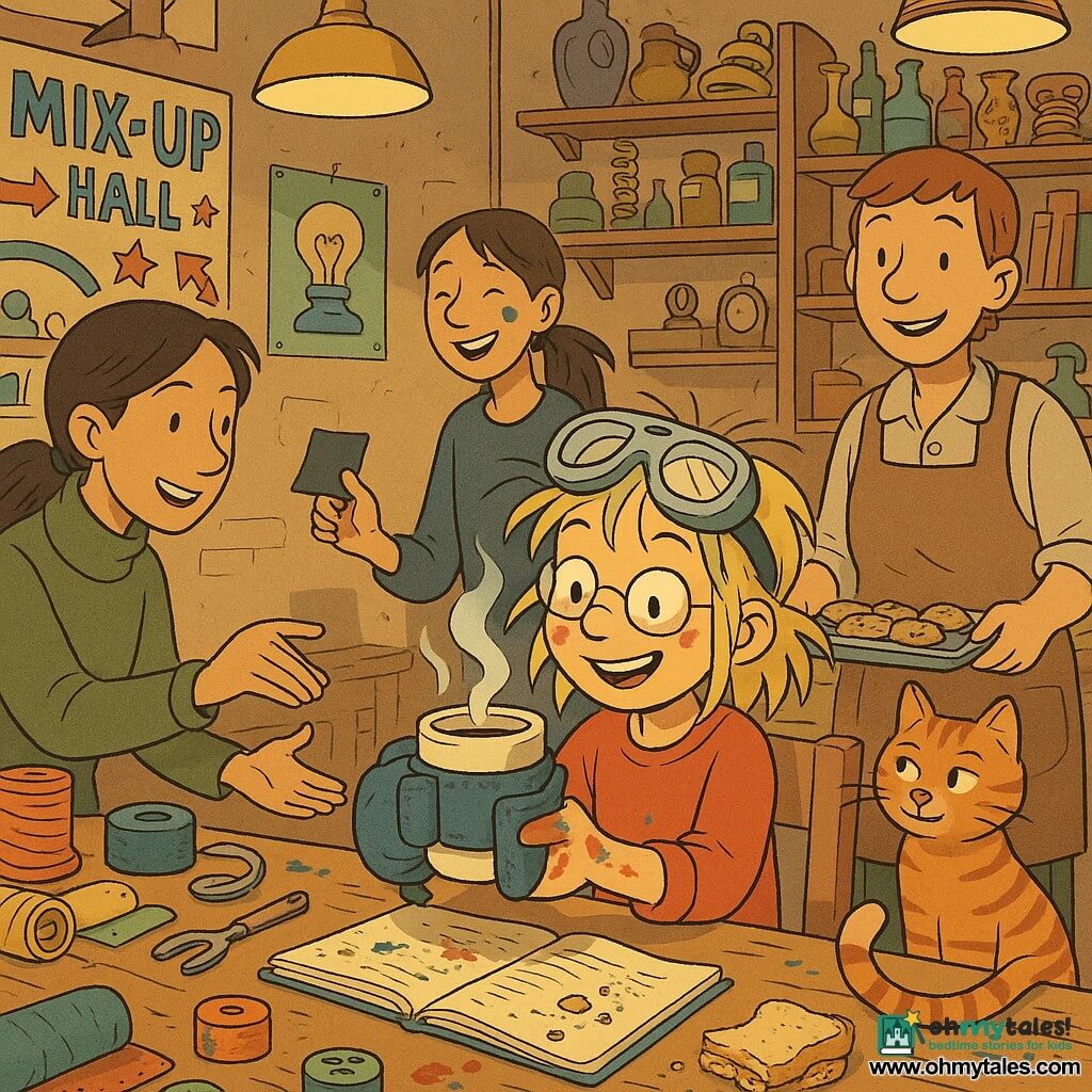 Mina, about 9, smiling and focused with safety goggles on her forehead, messy hair and paint-speckled fingers, holds a steaming mug wrapped in a fabric strap with a non-slip patch and an attached mitten; Jo, ~35, short hair and a pocketed apron, stands behind Mina on the right offering a tray of cookies, smiling; Nia, ~28, hair tied back, stands left of Mina holding a small rubber sheet and reaching to help; Zed, ~16, long hair and a blue paint smudge on his cheek, watches and chuckles in the background holding a paintbrush; Mr. Wobbles, a plump tabby cat, sits on Mina’s chair with tail curled and half-closed eyes; the warm interior of Mix-Up Hall features a large wooden table cluttered with notebooks, spools, Velcro, fabric rolls, tools and paint stains, hanging lamps casting soft shadows, colorful posters and shelves of odd objects; Mina proudly tests her "Mug Hugger" as the group enjoys a cooperative, joyful atmosphere with a few sandwich crumbs on the table.