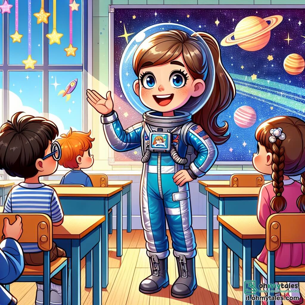 Un'astronauta sorridente, Sofia, è al centro dell'immagine, indossando una tuta spaziale blu brillante con il logo della NASA. Ha i capelli castani raccolti in una coda di cavallo e occhi scintillanti di entusiasmo. Sofia racconta storie ai bambini, gesticolando con entusiasmo, mentre uno sfondo stellato brilla dietro di lei. A destra, un ragazzo di 8 anni di nome Luca, con occhiali rotondi e capelli ricci, la ascolta attentamente, con gli occhi spalancati per la curiosità. A sinistra, una ragazza di 7 anni di nome Maria, con trecce e un sorriso radioso, alza la mano per fare una domanda, piena di entusiasmo. Il decor è un'aula colorata, con poster di pianeti e stelle appesi alle pareti. La situazione principale mostra Sofia che condivide le sue avventure nello spazio con i bambini, ispirandoli a sognare in grande e a immaginare i propri viaggi interstellari.
